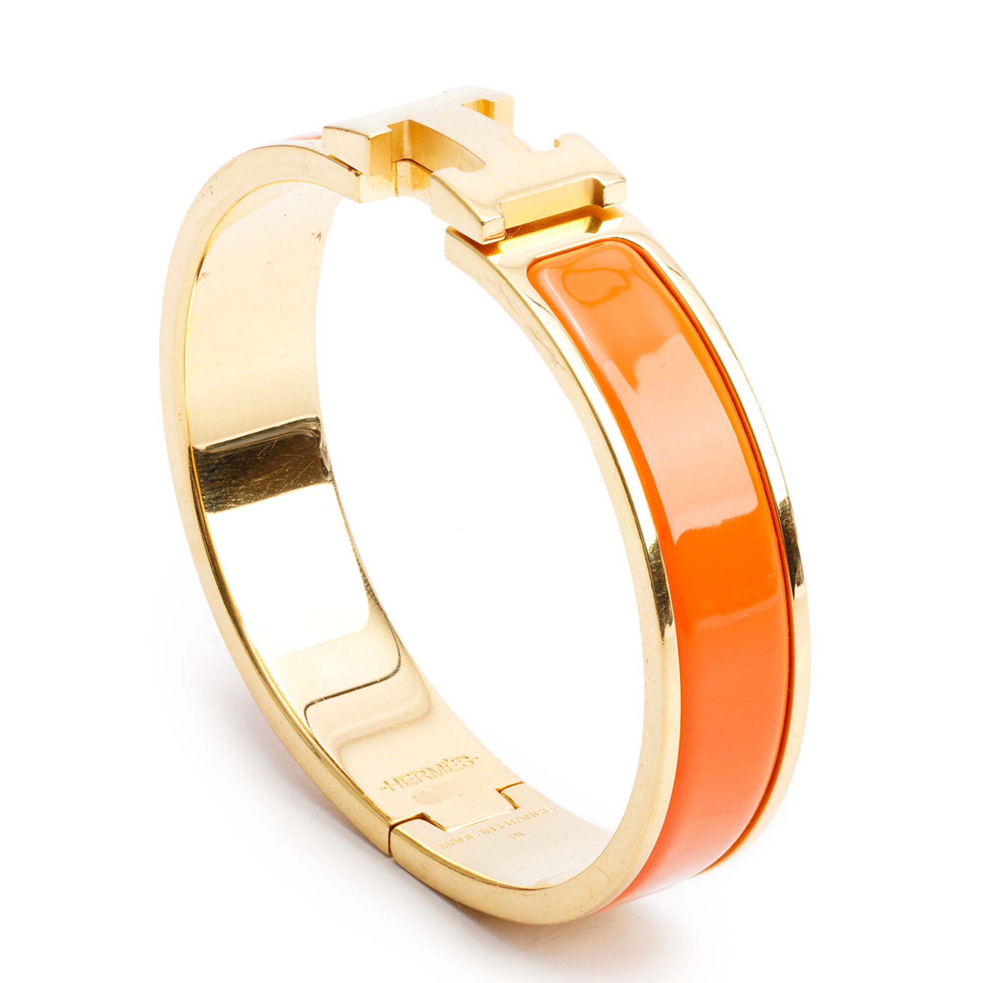 Hermes Yellow Gold Plated Orange Enamel 12 MM Clic H Bracelet