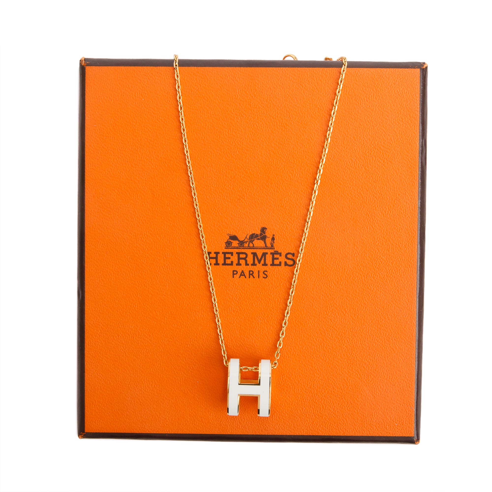 Hermes Yellow Gold-Plated White Lacquered Pop H Pendant Necklace w/ Box