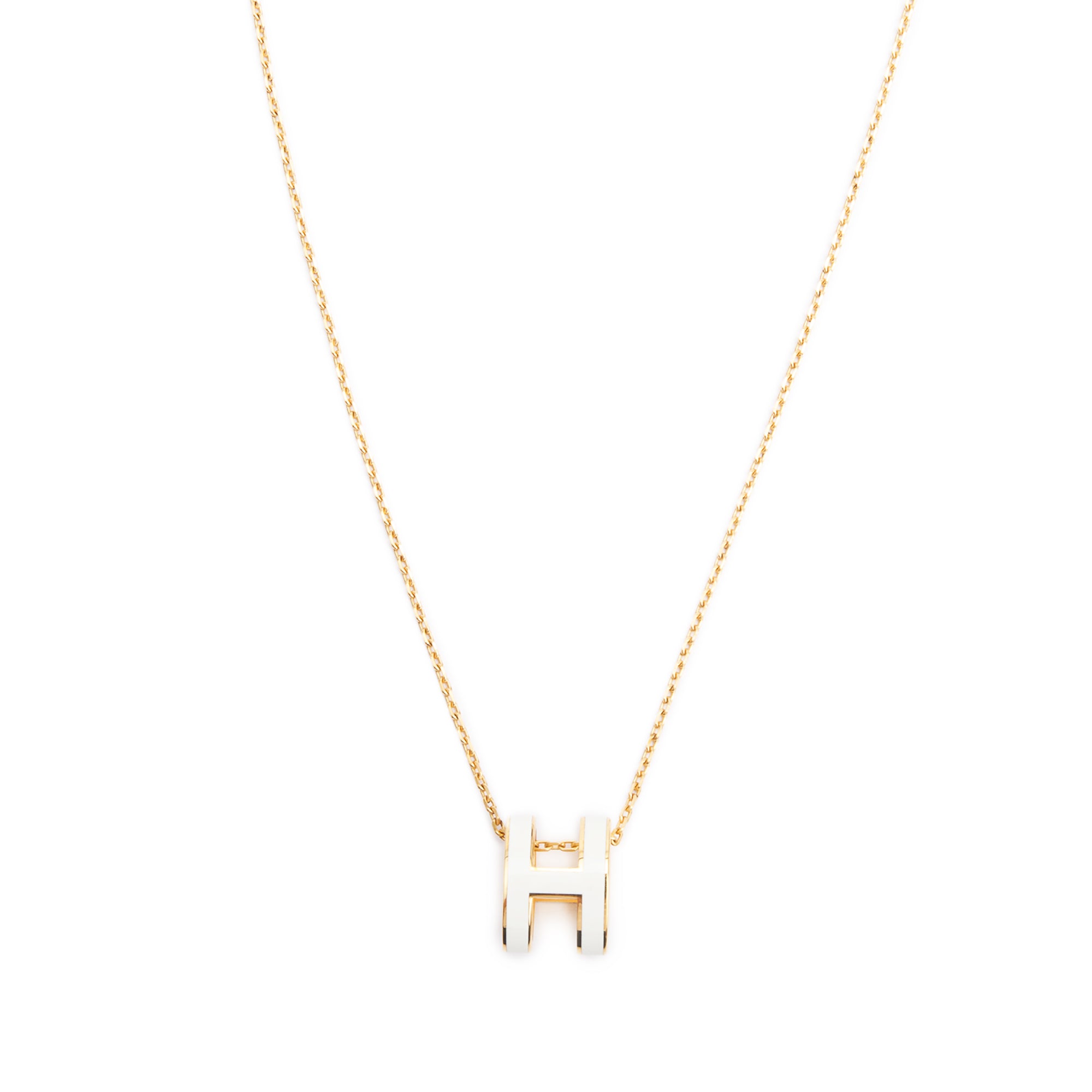 Hermes Yellow Gold-Plated White Lacquered Pop H Pendant Necklace w/ Box