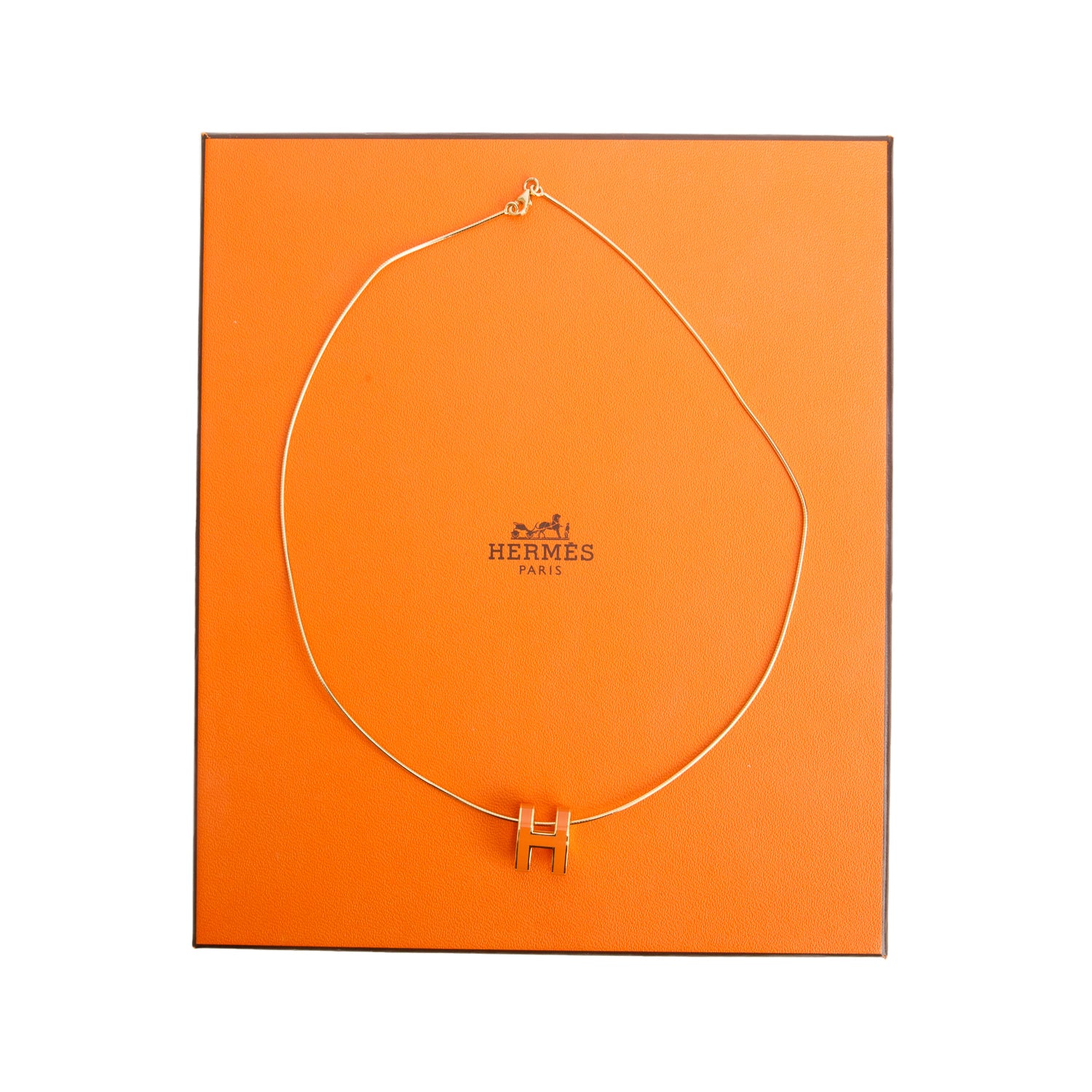 Hermes Yellow Gold-Plated Orange Lacquered Pop H Pendant Necklace w/ Box