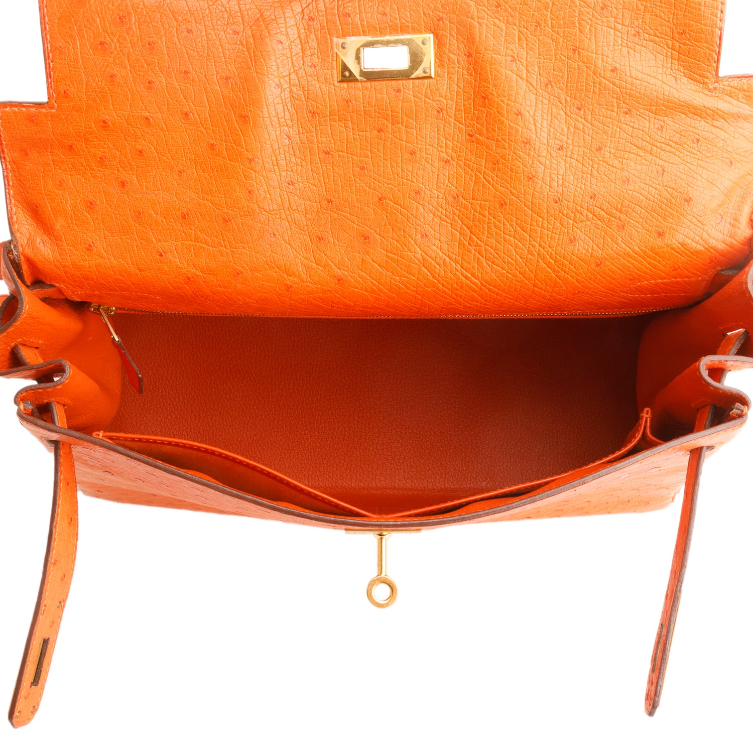 Hermes Orange Ostrich Kelly Sellier 32 w/ Strap