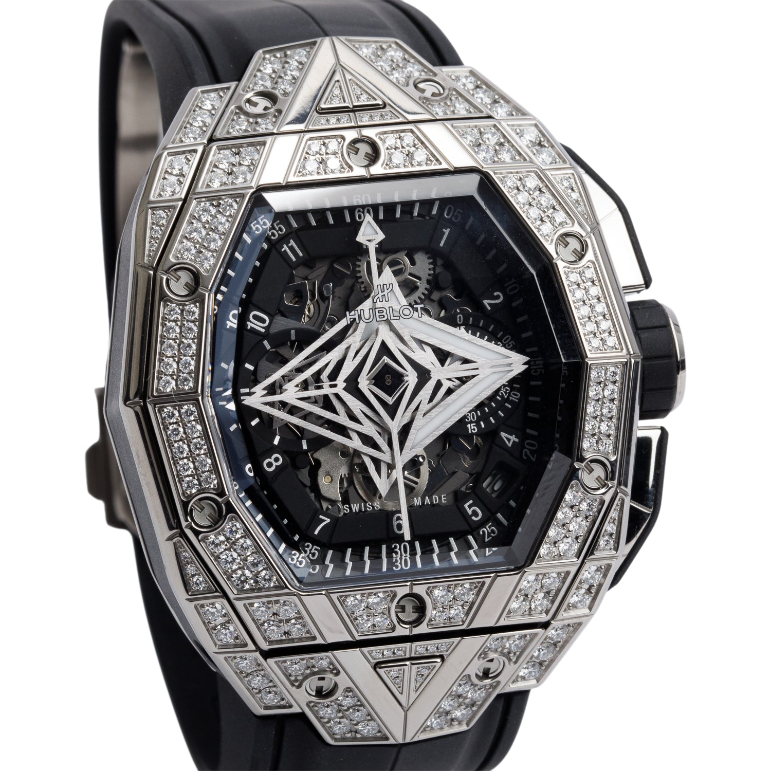 Hublot 2024 Titanium Pave Diamond Spirit Of Big Bang Sang Bleu 42 MM Automatic Chronograph Watch Black Skeleton Dial w/ Box & Papers