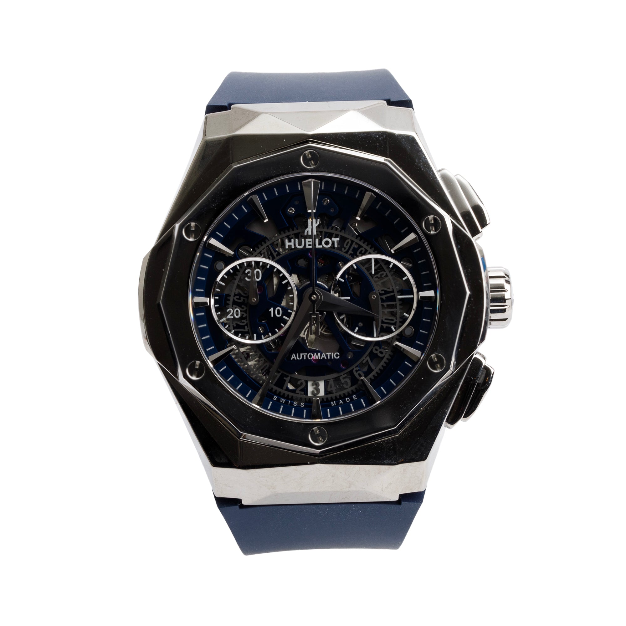 Hublot Limited Edition Stainless Steel & Titanium Classic Fusion Aerofusion Orlinski 45 MM Automatic Chronograph Watch Blue Cut Out Dial