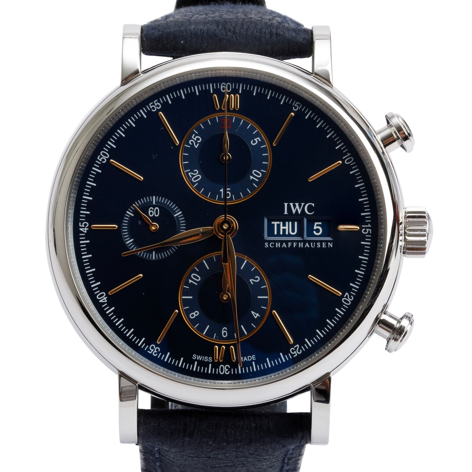 IWC Stainless Steel Portofinio Blue Dial 42 MM Chronograph Automatic Watch IW391036 w/ Box, Papers & Extra Straps