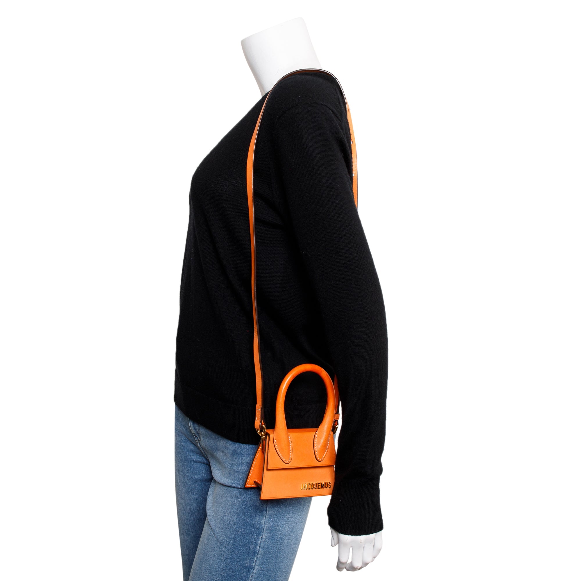 Jacquemus Orange Calfskin Leather Mini Signature Le Chiquito Handle Bag w/ Strap