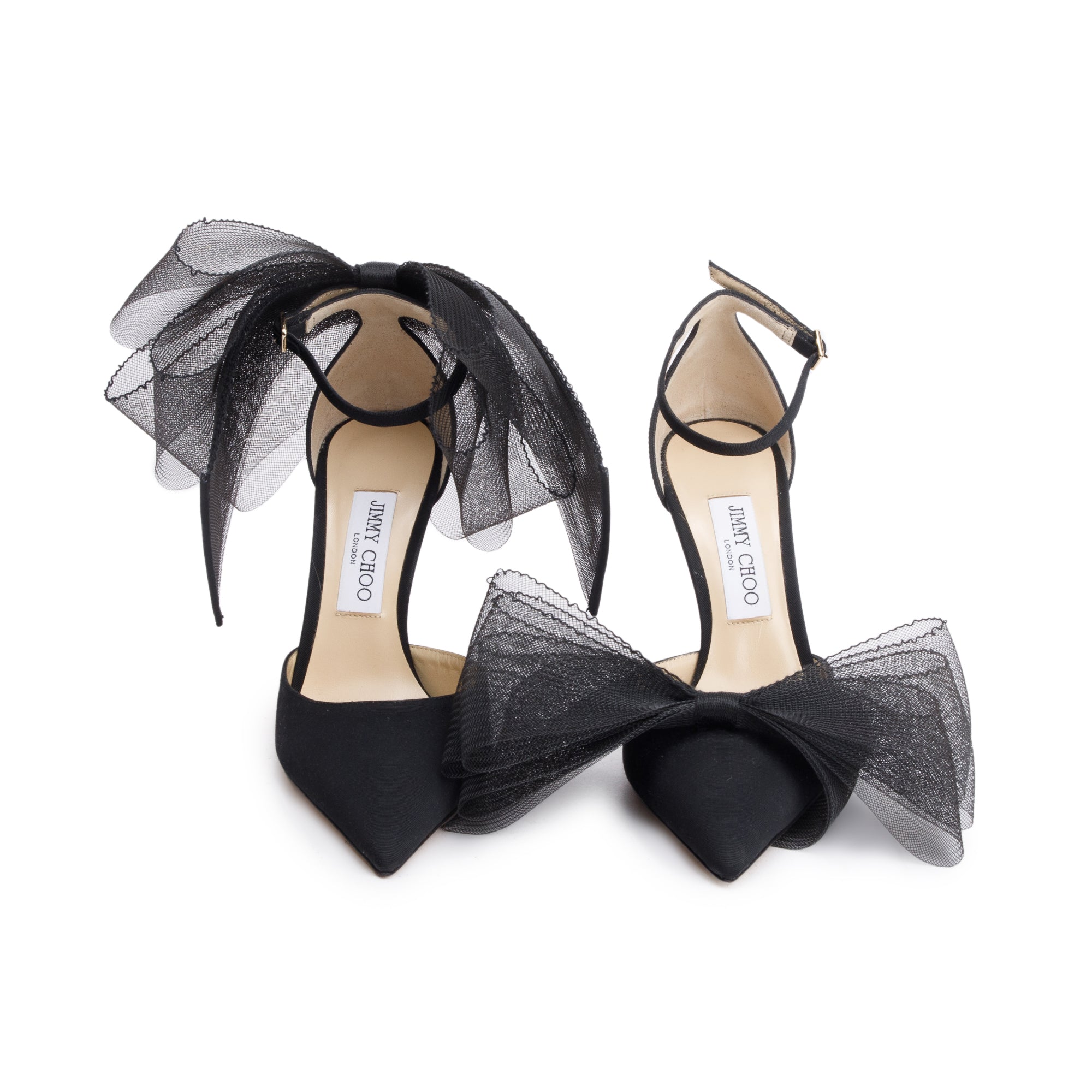 Jimmy Choo 2022 Black Satin Bow Accent Averly 100 Heel Sandals, Size 39 w/ Box & Reciept