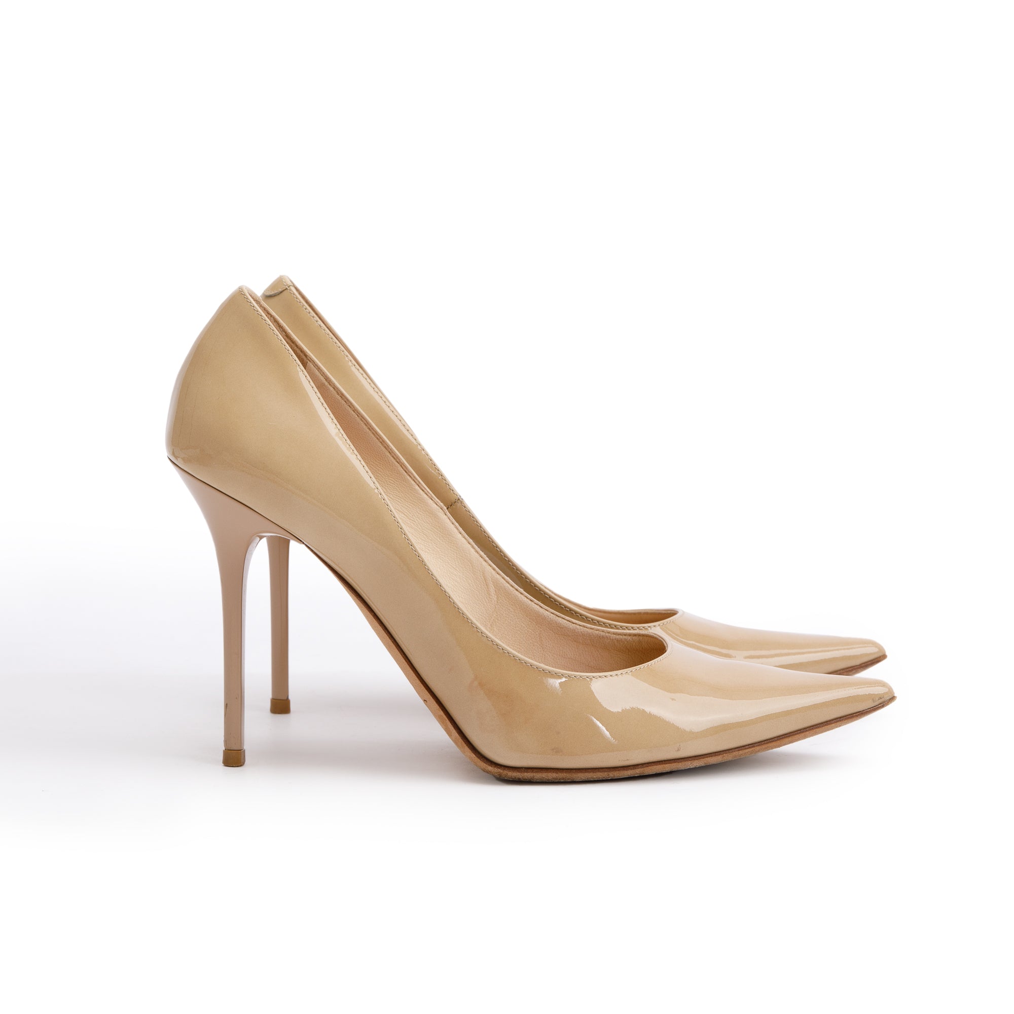 Jimmy Choo Beige Patent Leather Pointy Toe Pumps, Size 37.5