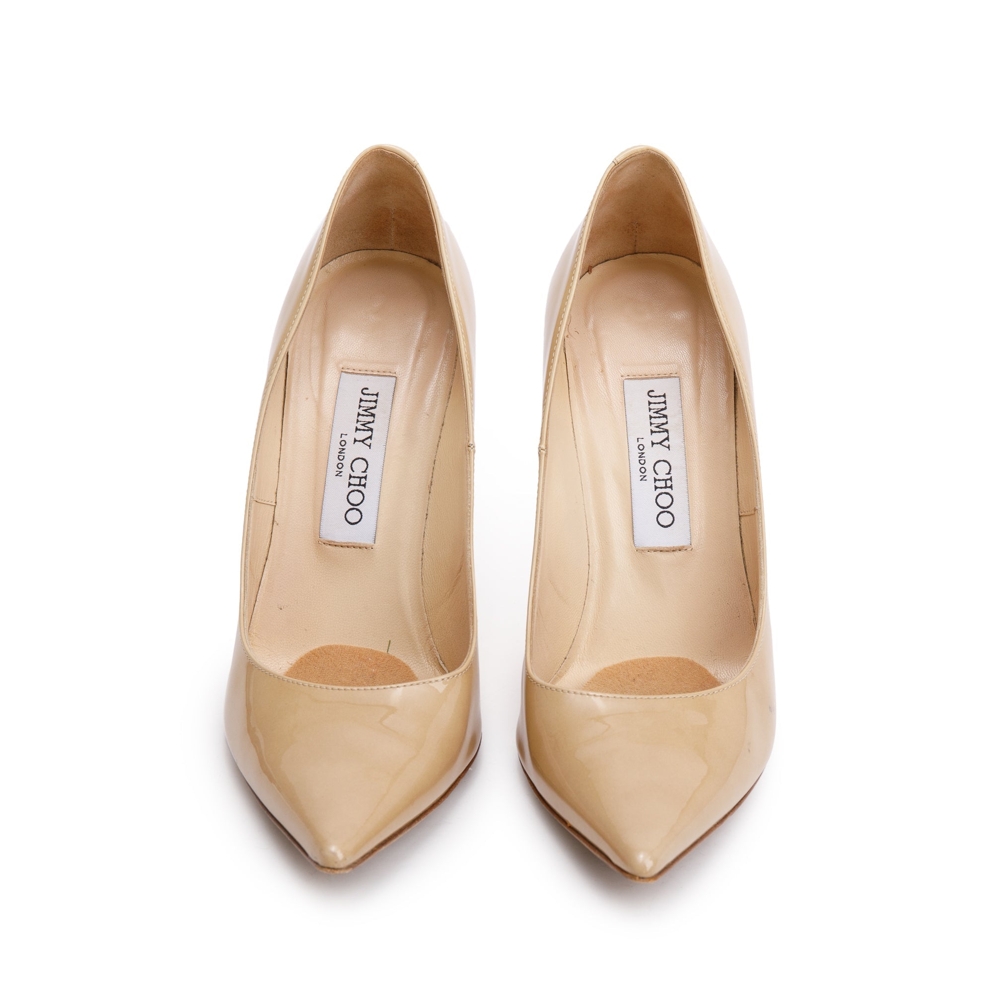 Jimmy Choo Beige Patent Leather Pointy Toe Pumps, Size 37.5