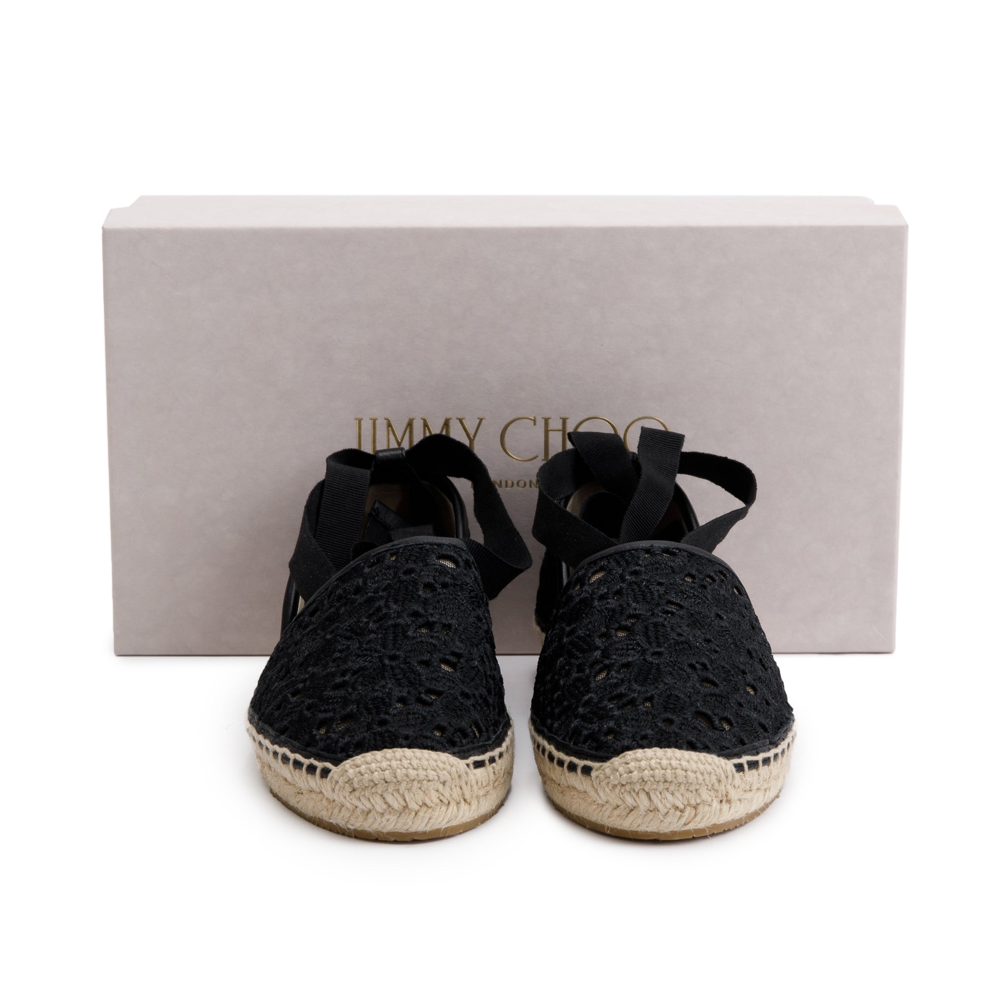 Jimmy Choo Black Embroidered Lace Dolphin Flat Espadrilles, Size 35.5 w/ Box