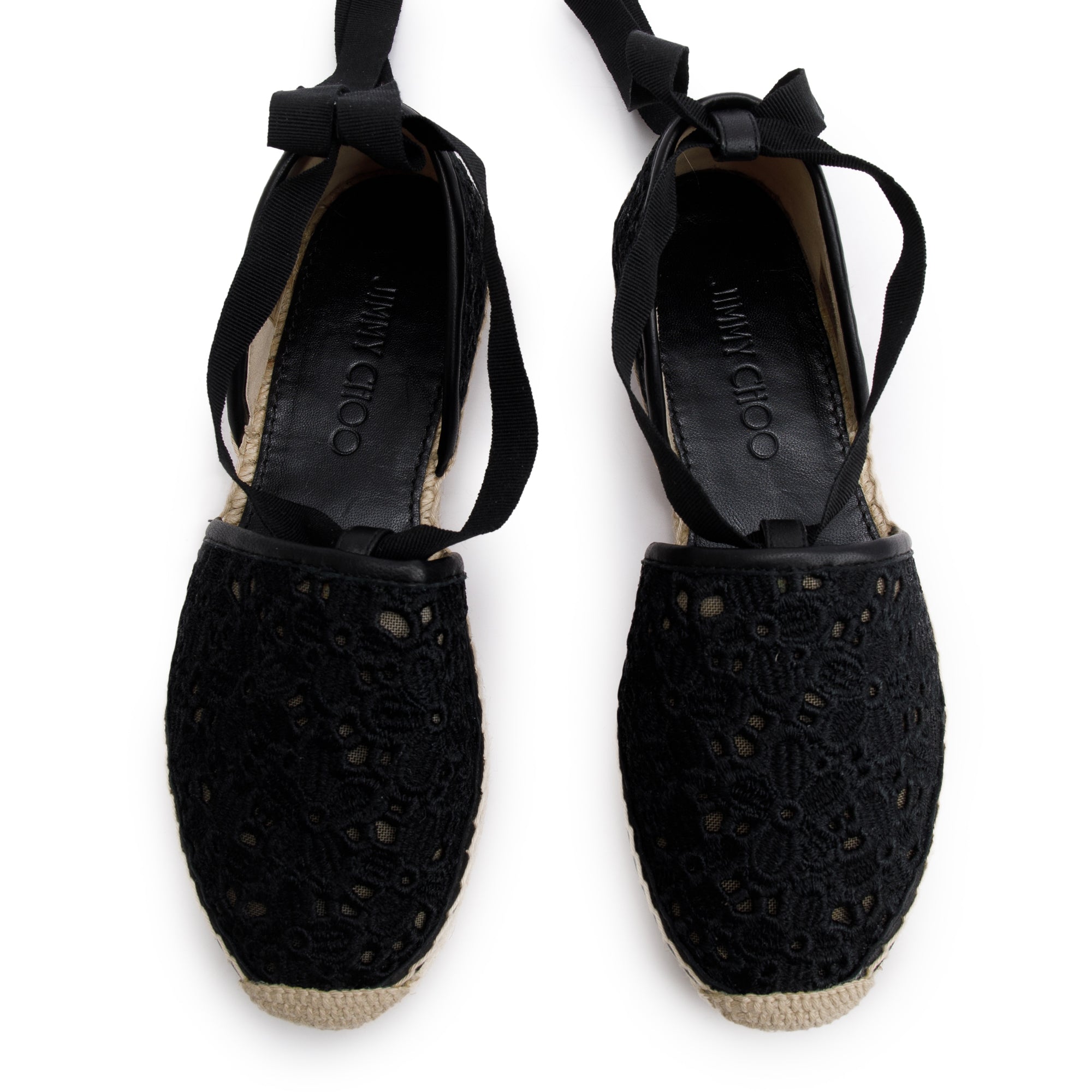 Jimmy Choo Black Embroidered Lace Dolphin Flat Espadrilles, Size 35.5 w/ Box