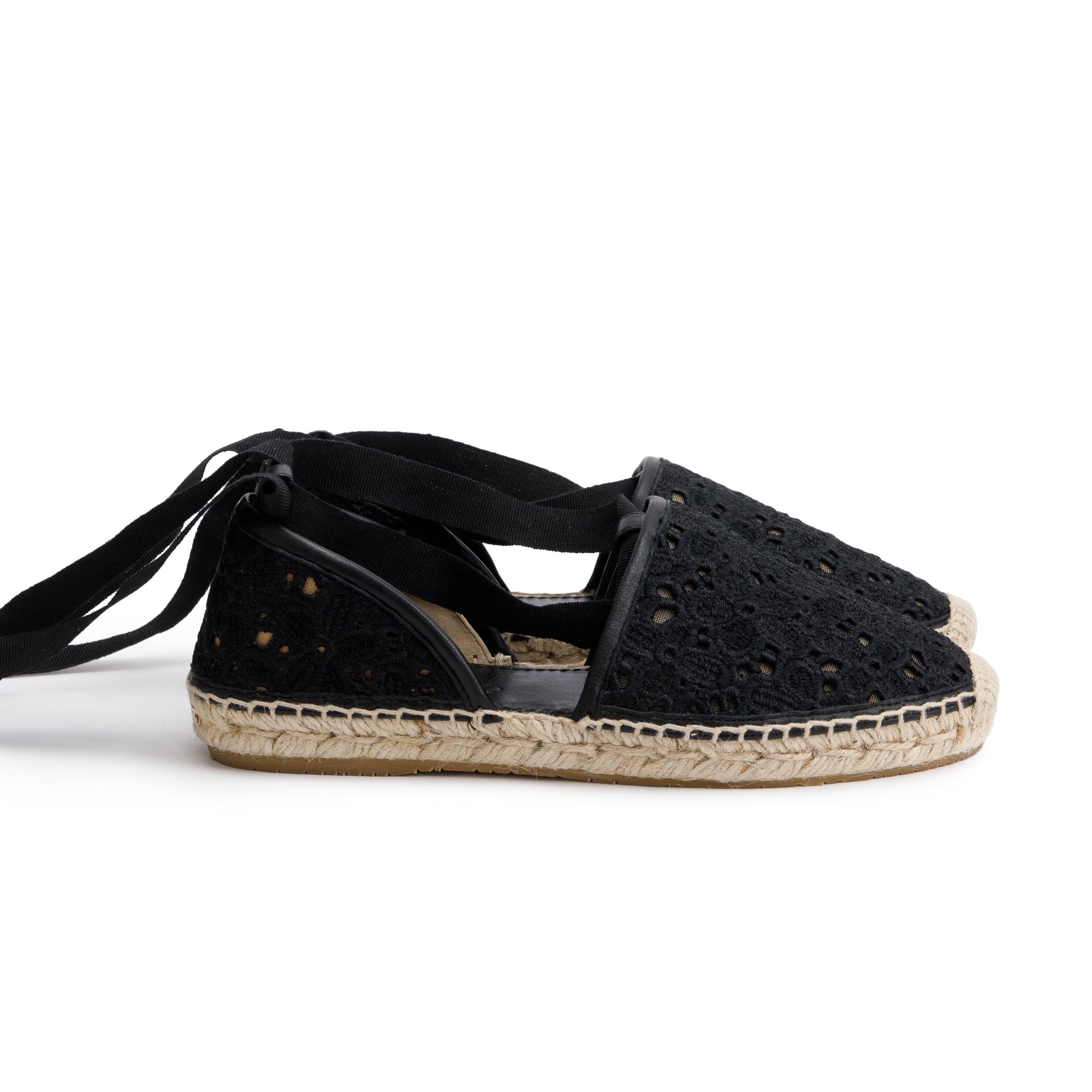 Jimmy Choo Black Embroidered Lace Dolphin Flat Espadrilles, Size 35.5 w/ Box