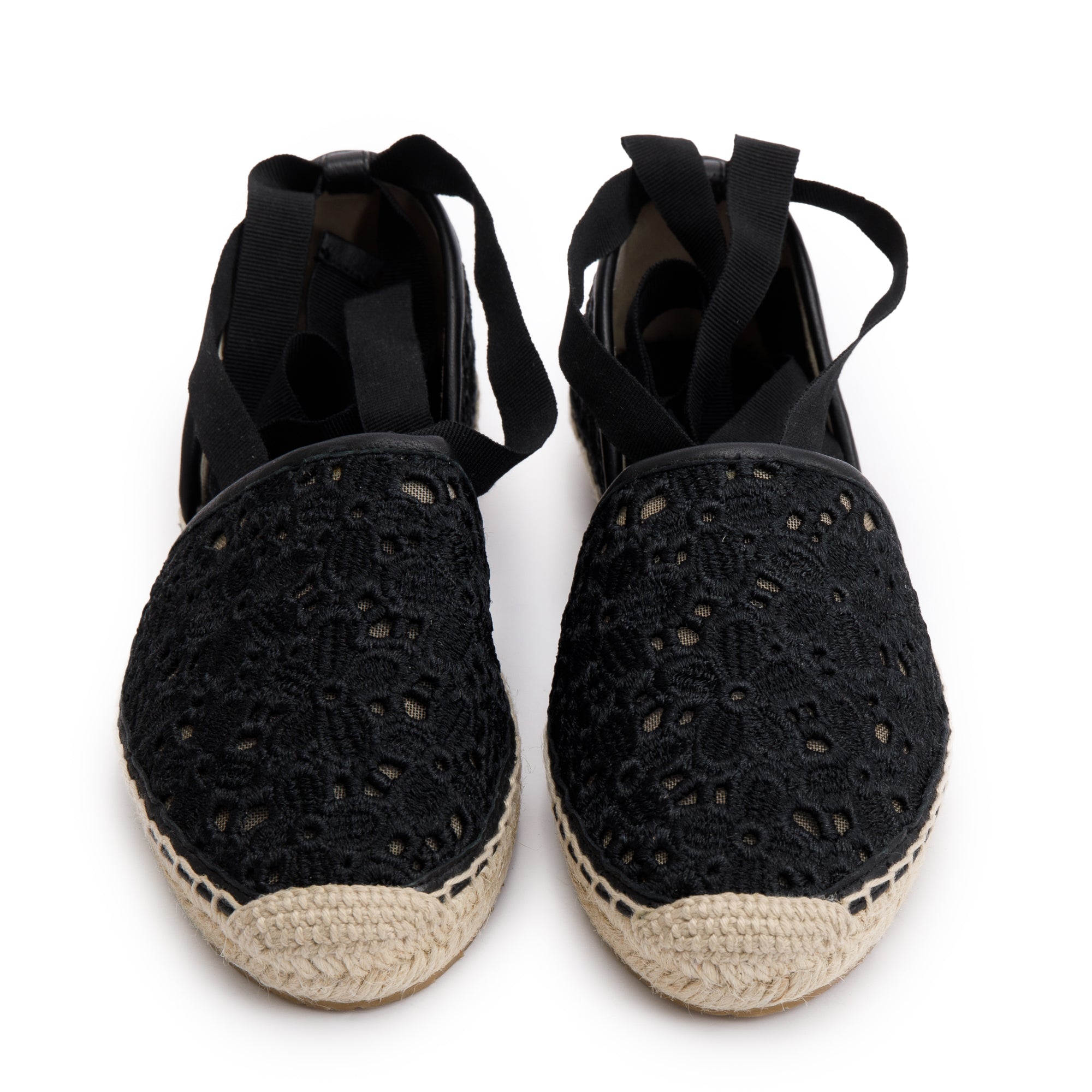 Jimmy Choo Black Embroidered Lace Dolphin Flat Espadrilles, Size 35.5 w/ Box