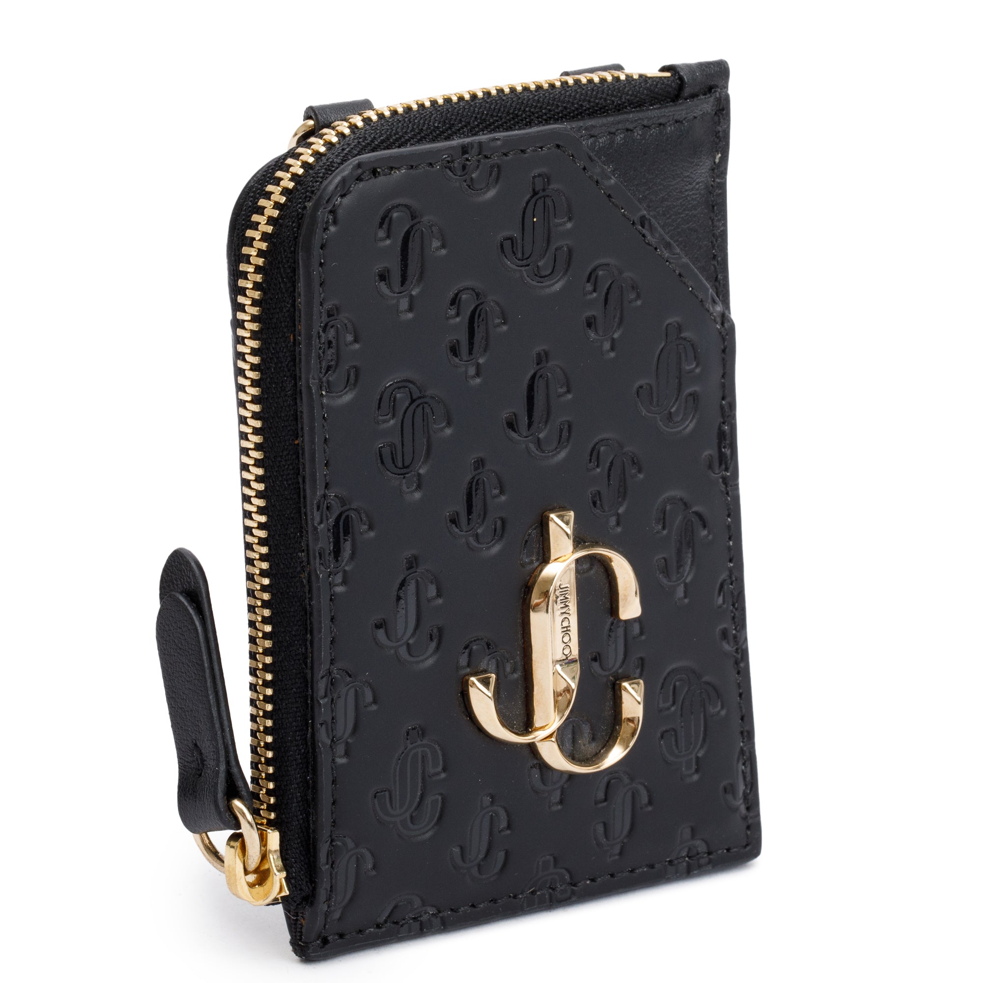 Jimmy Choo Black Monogram Embossed Leather JC Logo Chain Card Holder w/ Box & Authenticity Card