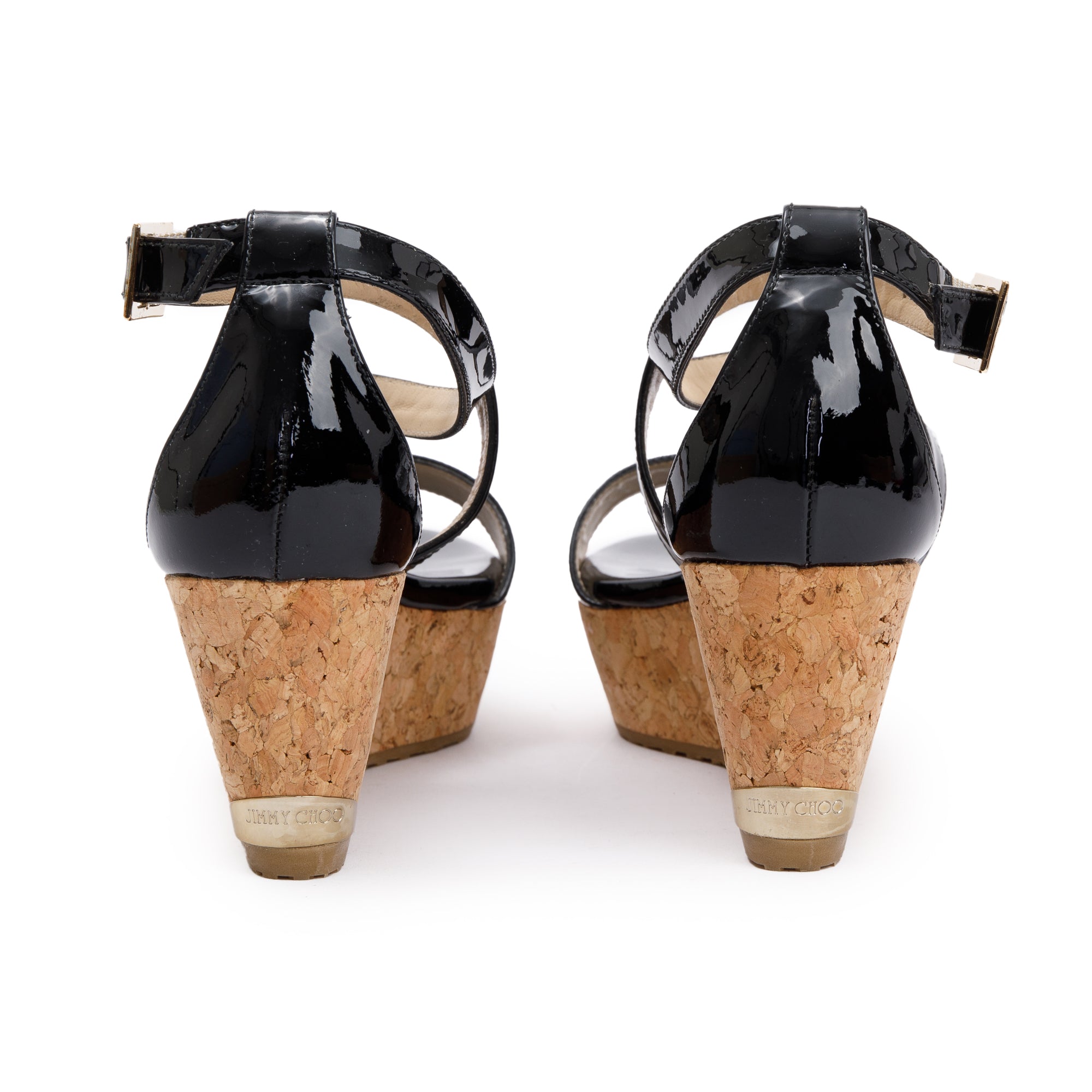 Jimmy Choo Black Patent Leather Portia 70 Wedge Sandals, Size 37 w/ Box