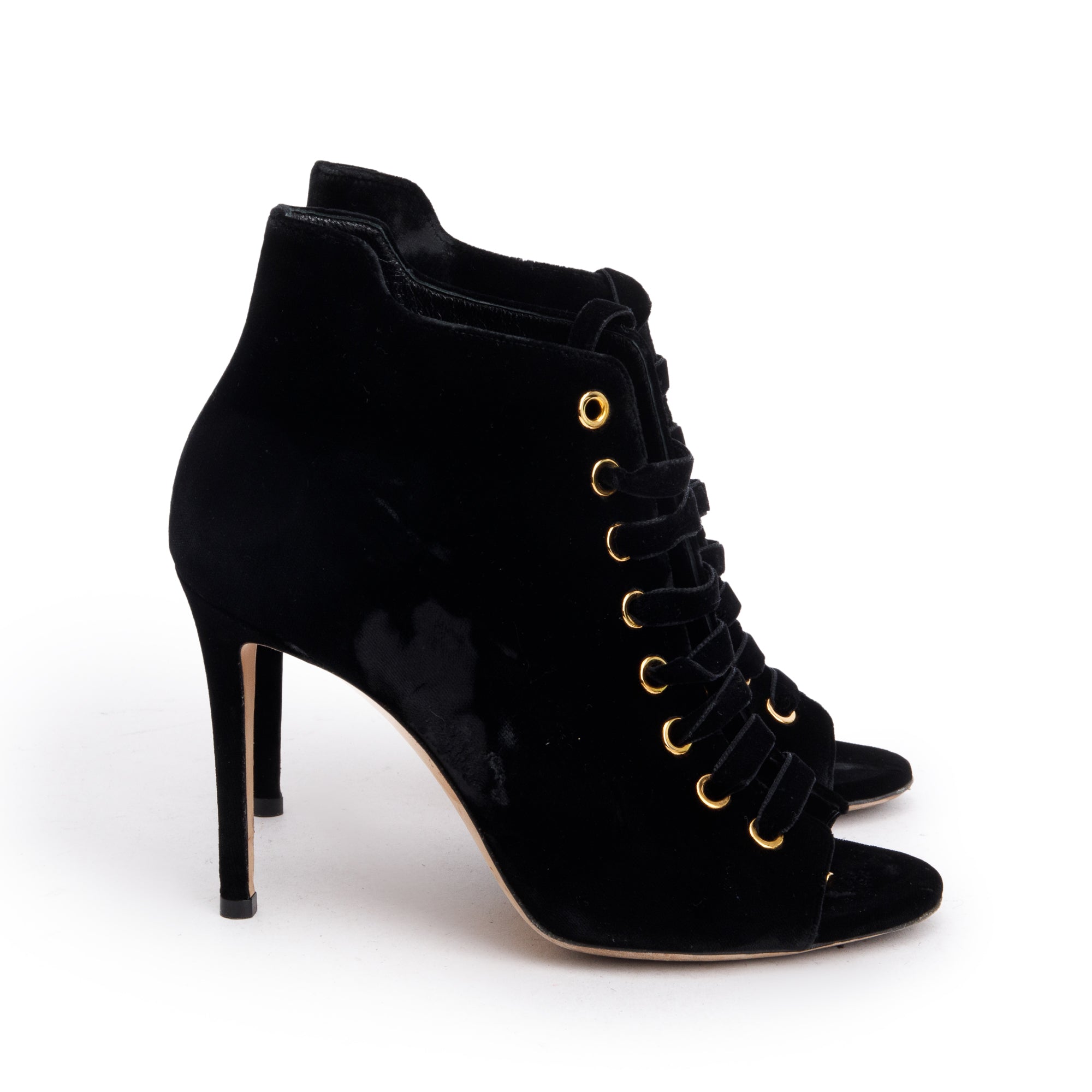 Jimmy Choo Black Velvet Mavy Lace-Up Peep Toe Booties, Size 36