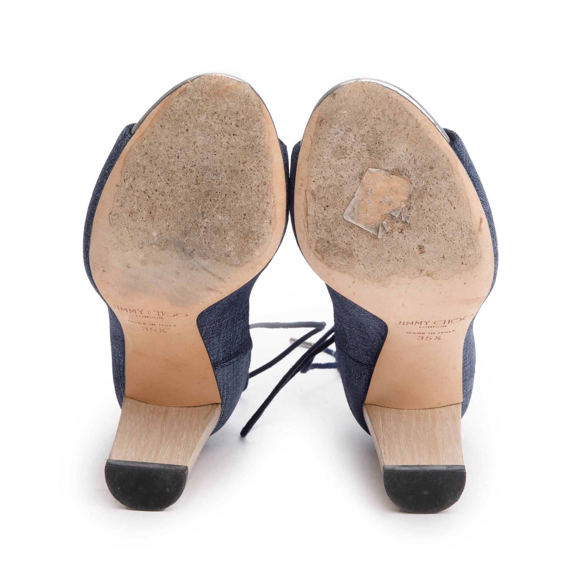 Jimmy Choo Blue Denim Vernie 100 Wood Heel Sandals, Size 35.5
