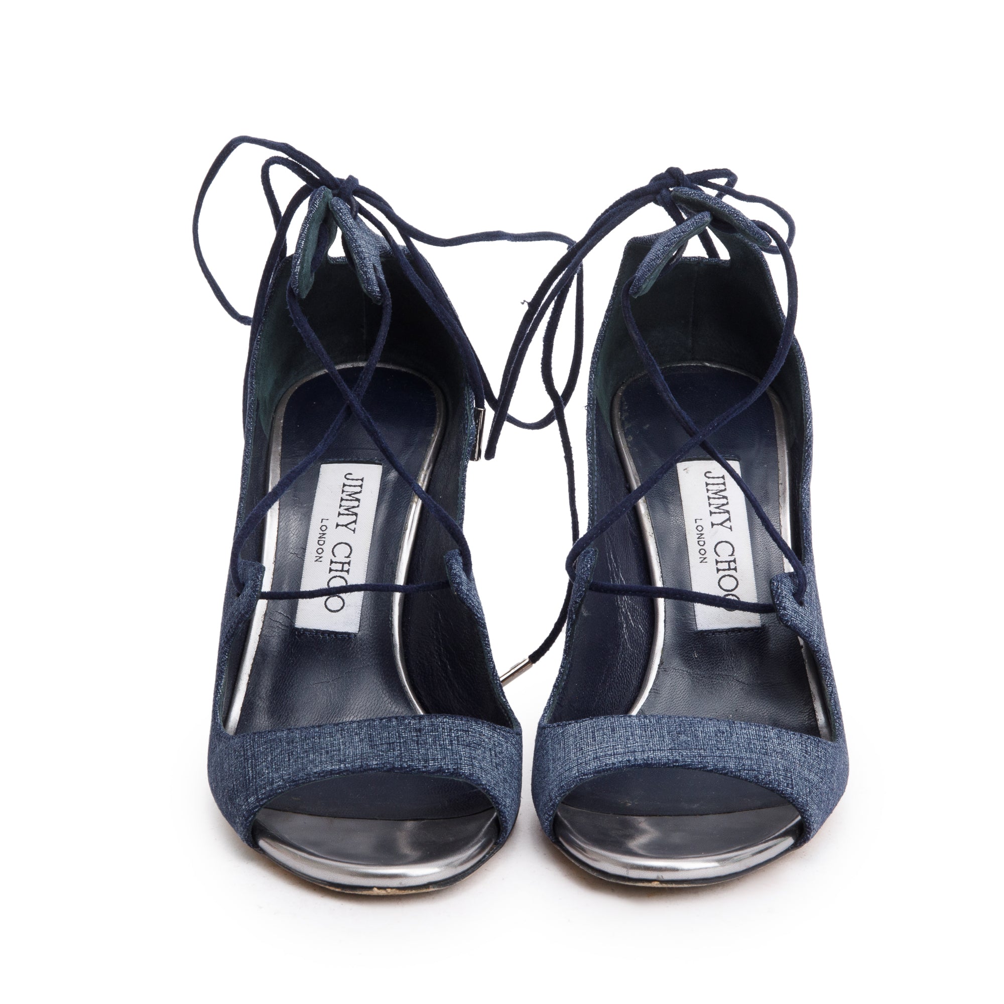 Jimmy Choo Blue Denim Vernie 100 Wood Heel Sandals, Size 35.5