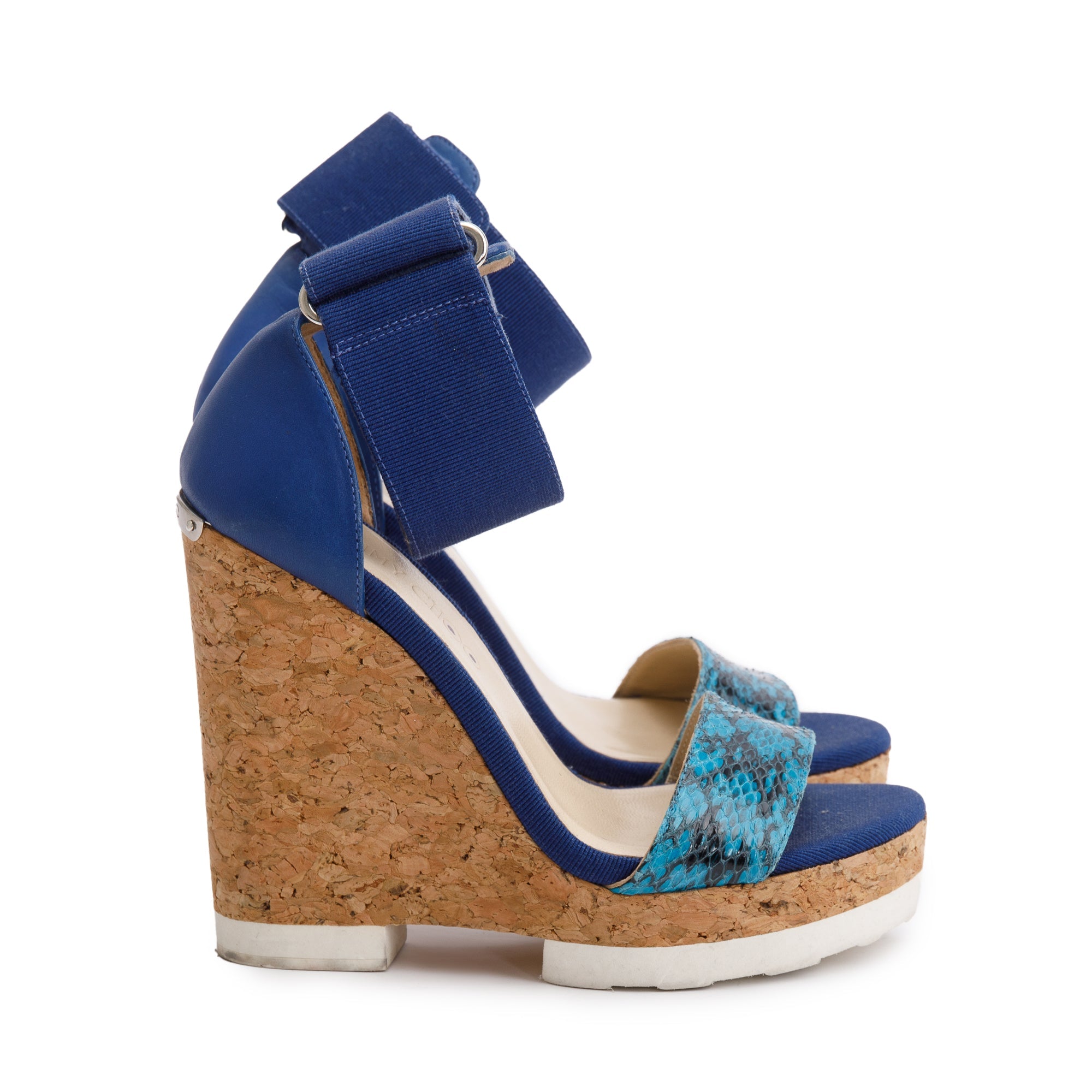 Jimmy Choo Blue Snakeskin Trim Leather Neston Platform Wedge Sandals, Size 35.5 w/ Box
