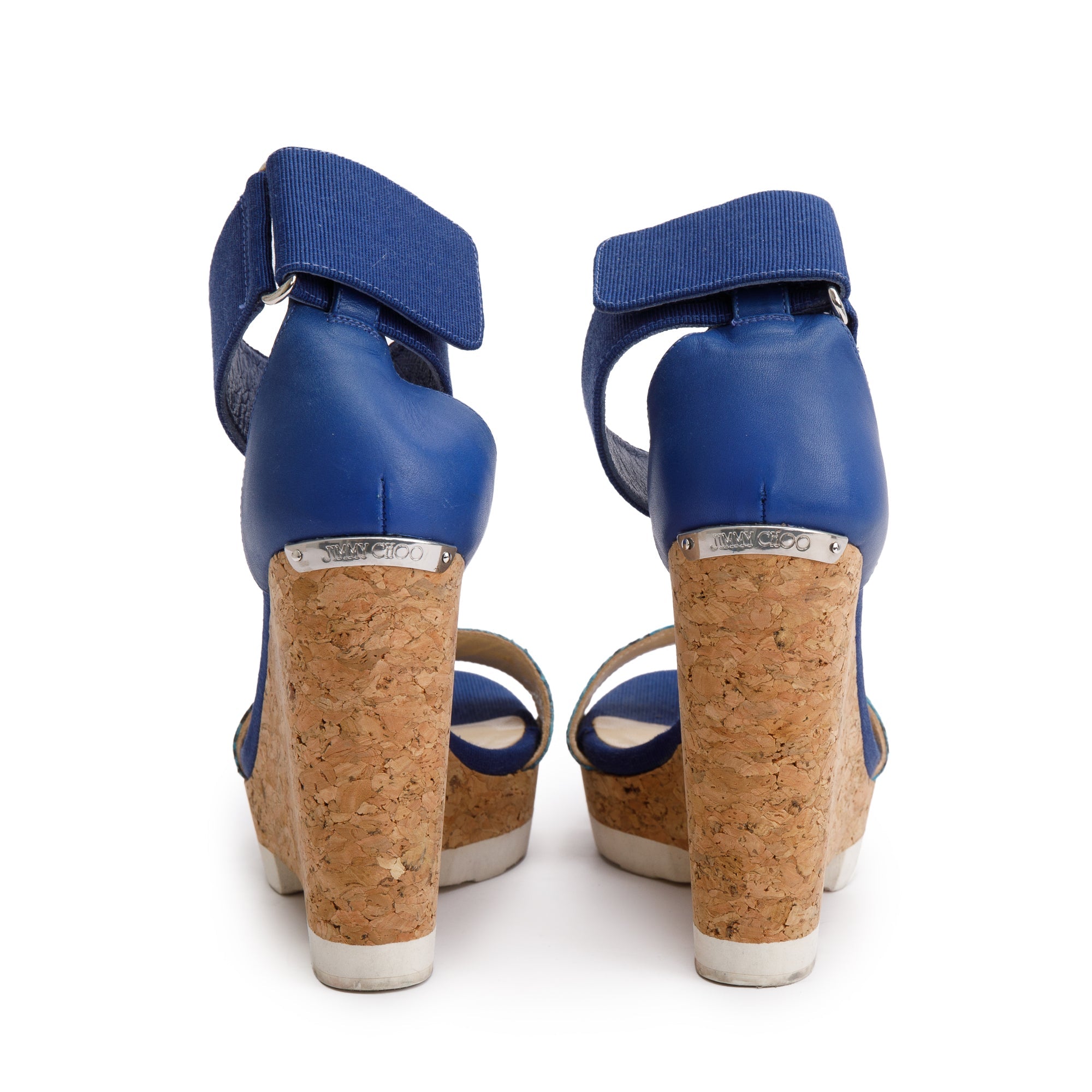 Jimmy Choo Blue Snakeskin Trim Leather Neston Platform Wedge Sandals, Size 35.5 w/ Box