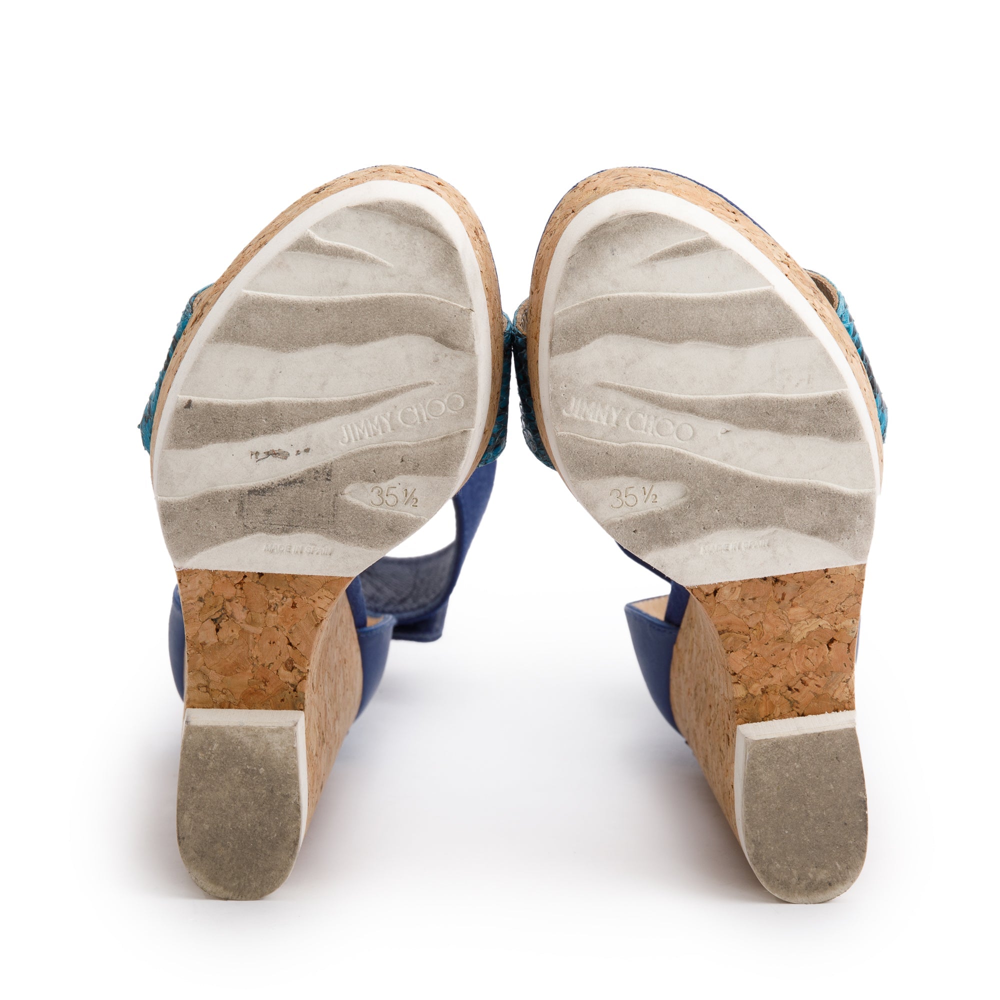 Jimmy Choo Blue Snakeskin Trim Leather Neston Platform Wedge Sandals, Size 35.5 w/ Box