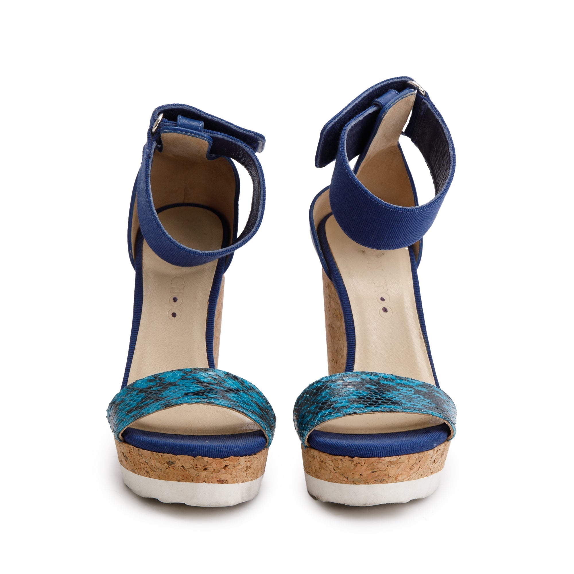 Jimmy Choo Blue Snakeskin Trim Leather Neston Platform Wedge Sandals, Size 35.5 w/ Box