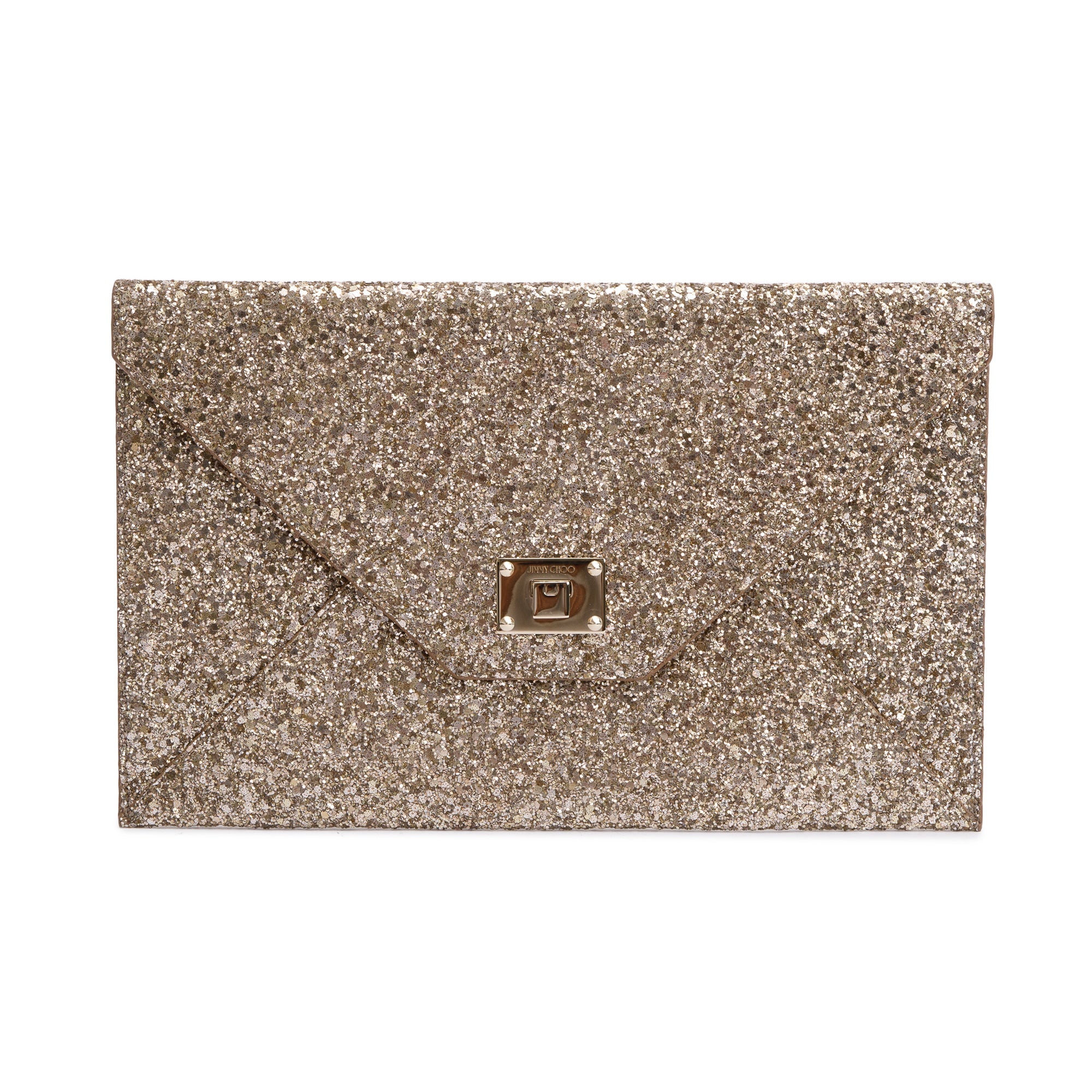 Jimmy Choo Gold Glitter Rosetta Envelope Clutch w/ Authenticity Card