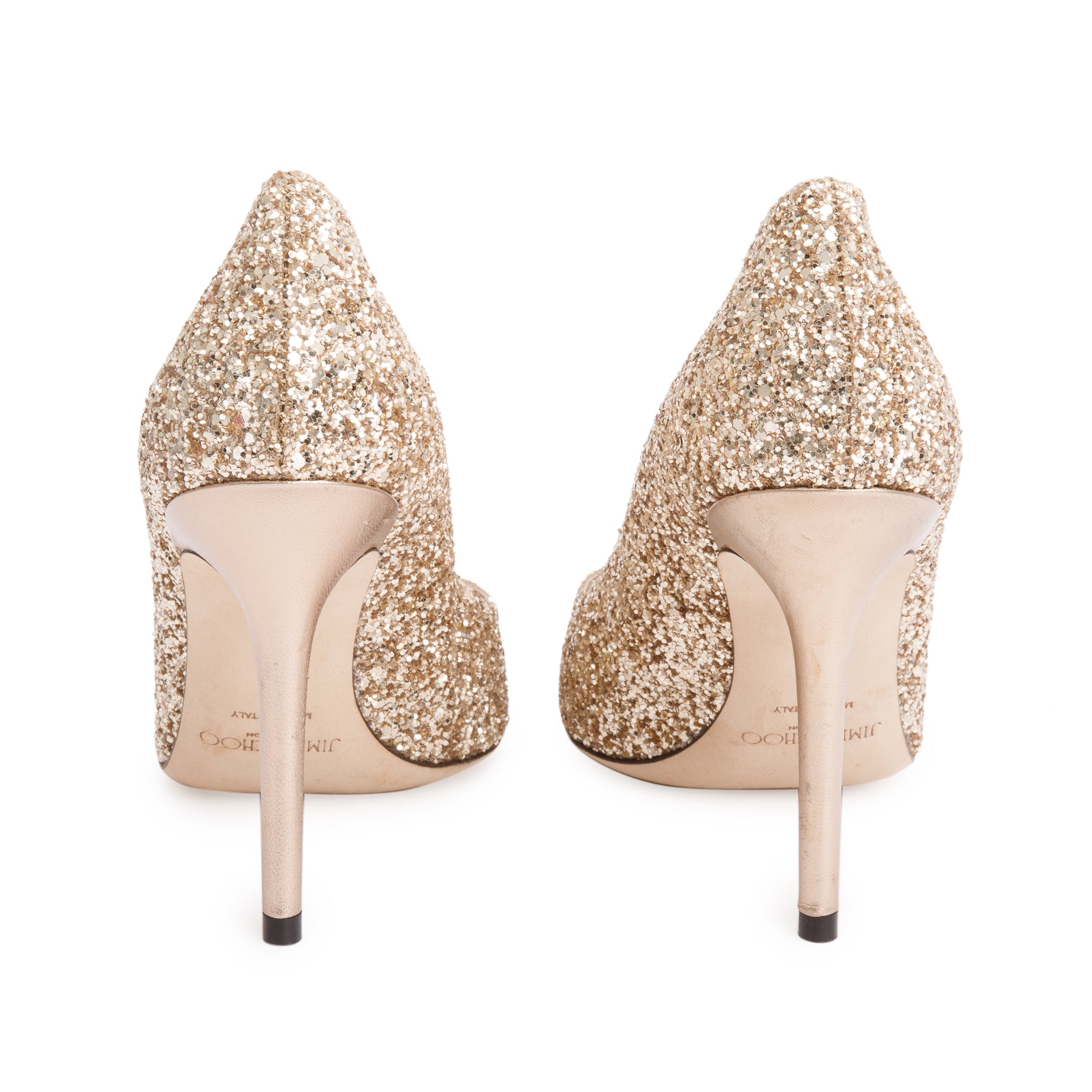 Jimmy Choo Metallic Gold Glitter Romy 85 Pumps, Size 37