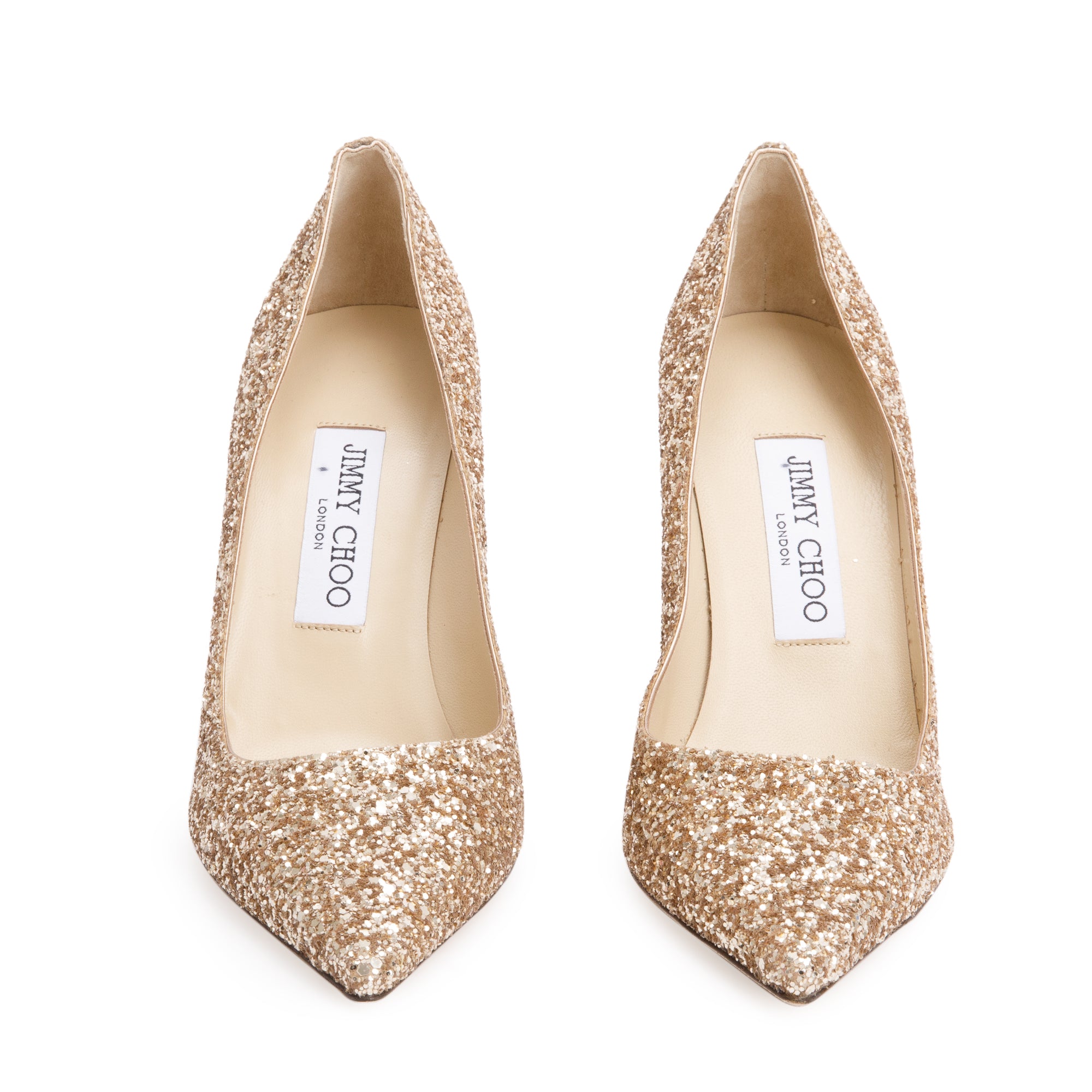 Jimmy Choo Metallic Gold Glitter Romy 85 Pumps, Size 37
