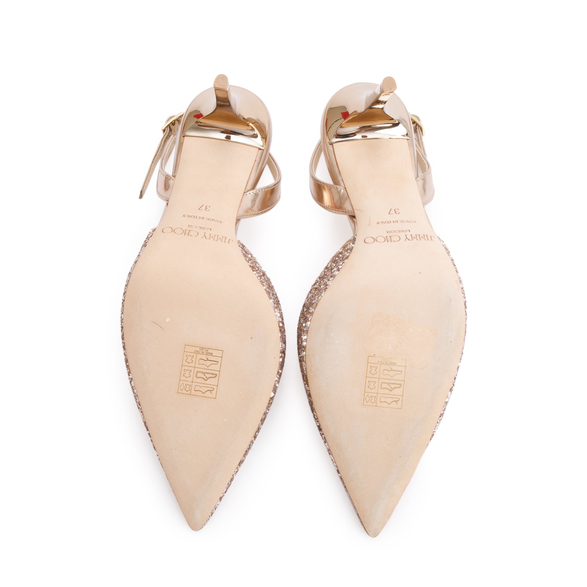 Jimmy Choo Metallic Gold Glitter Tilly Slingback Pumps, Size 37 w/ Box