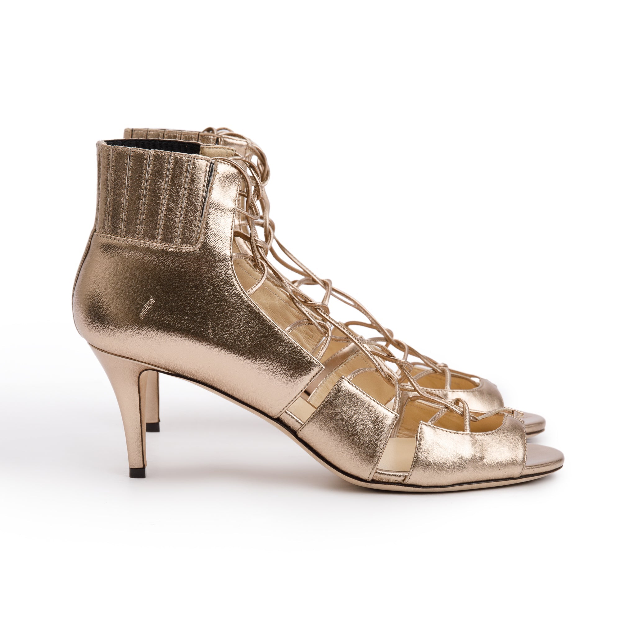 Jimmy Choo Metallic Gold Nappa Leather Myrtle 65 Lace-Up Sandals, Size 39w/ Box