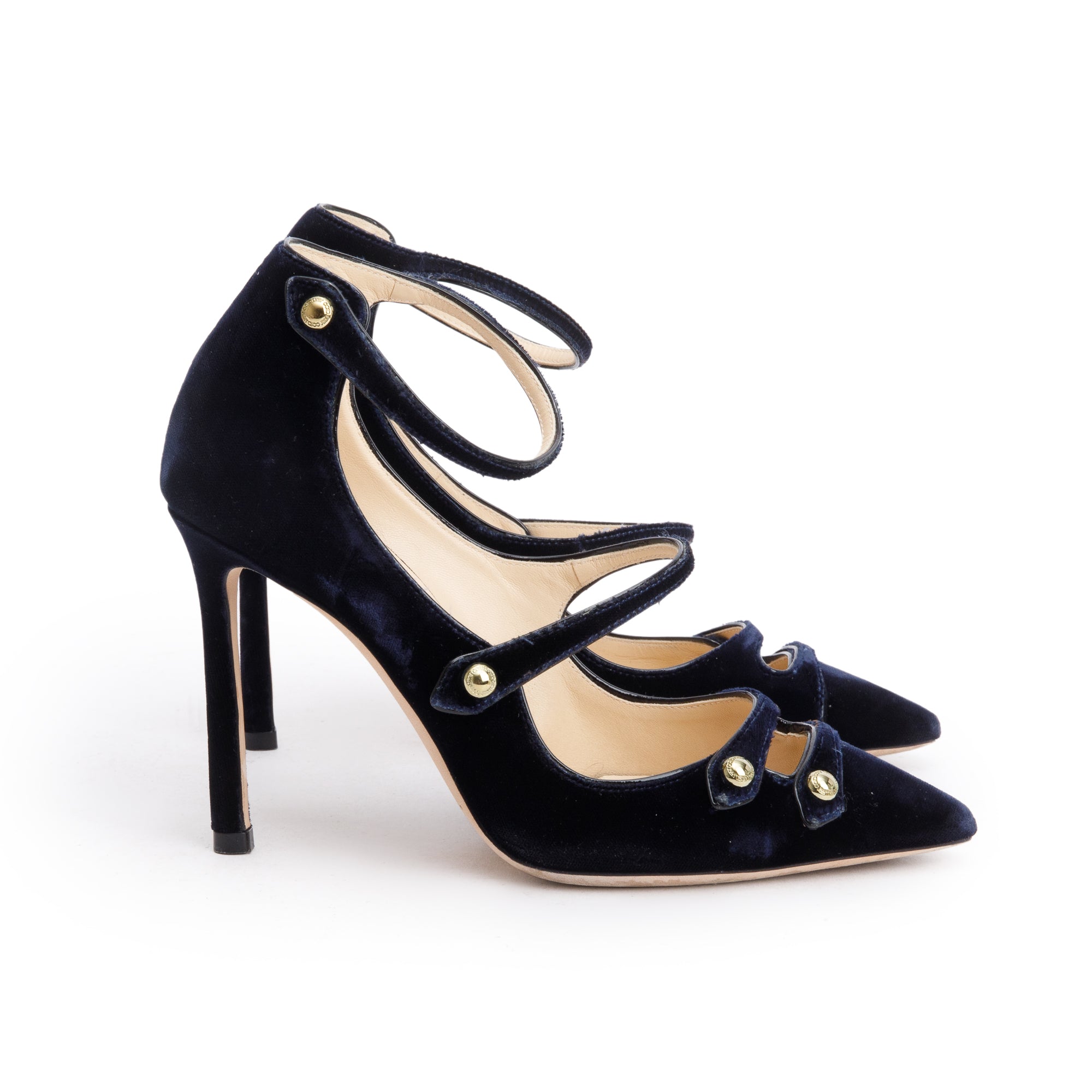 Jimmy Choo Navy Velvet Lacey 85 Pumps, Size 35.5