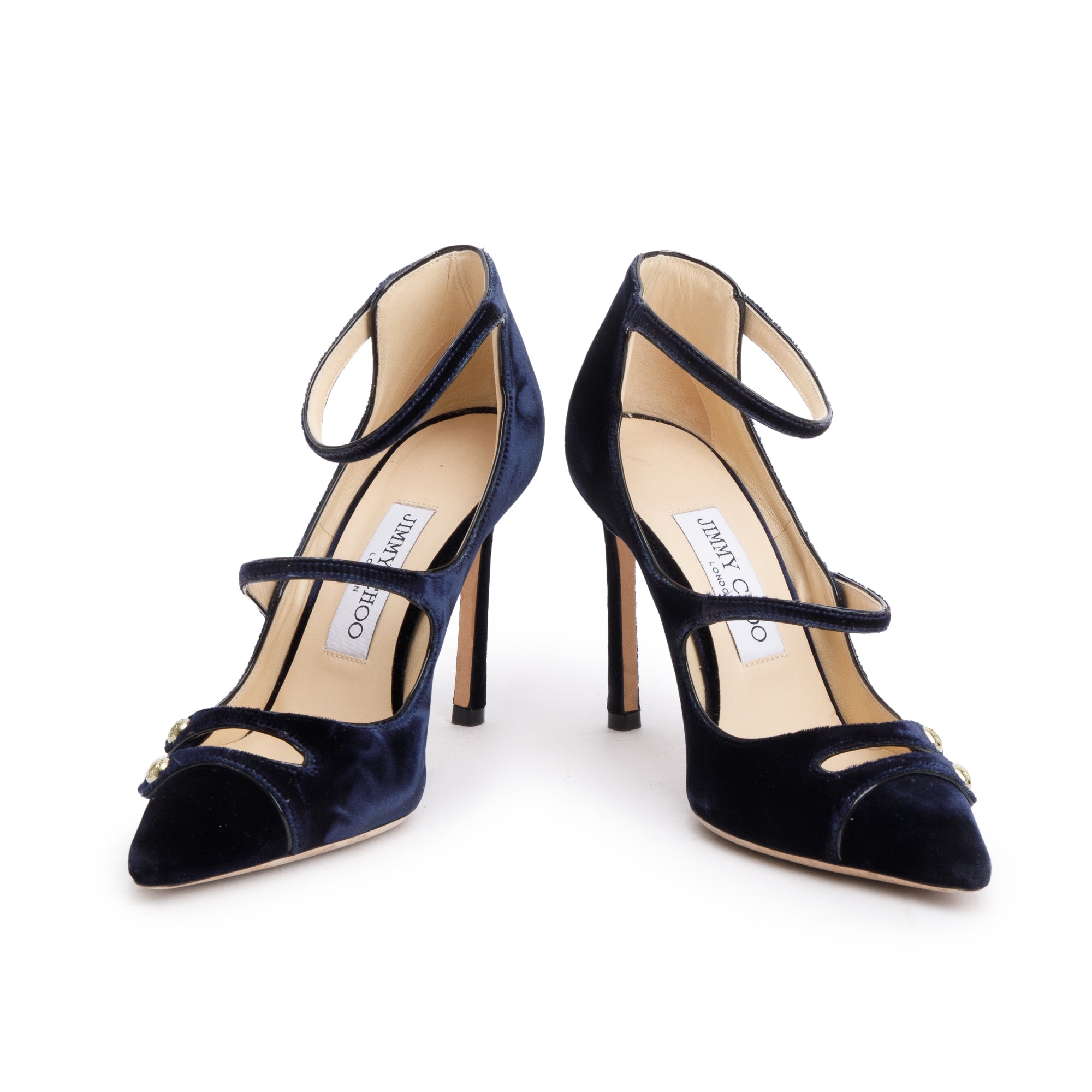 Jimmy Choo Navy Velvet Lacey 85 Pumps, Size 35.5