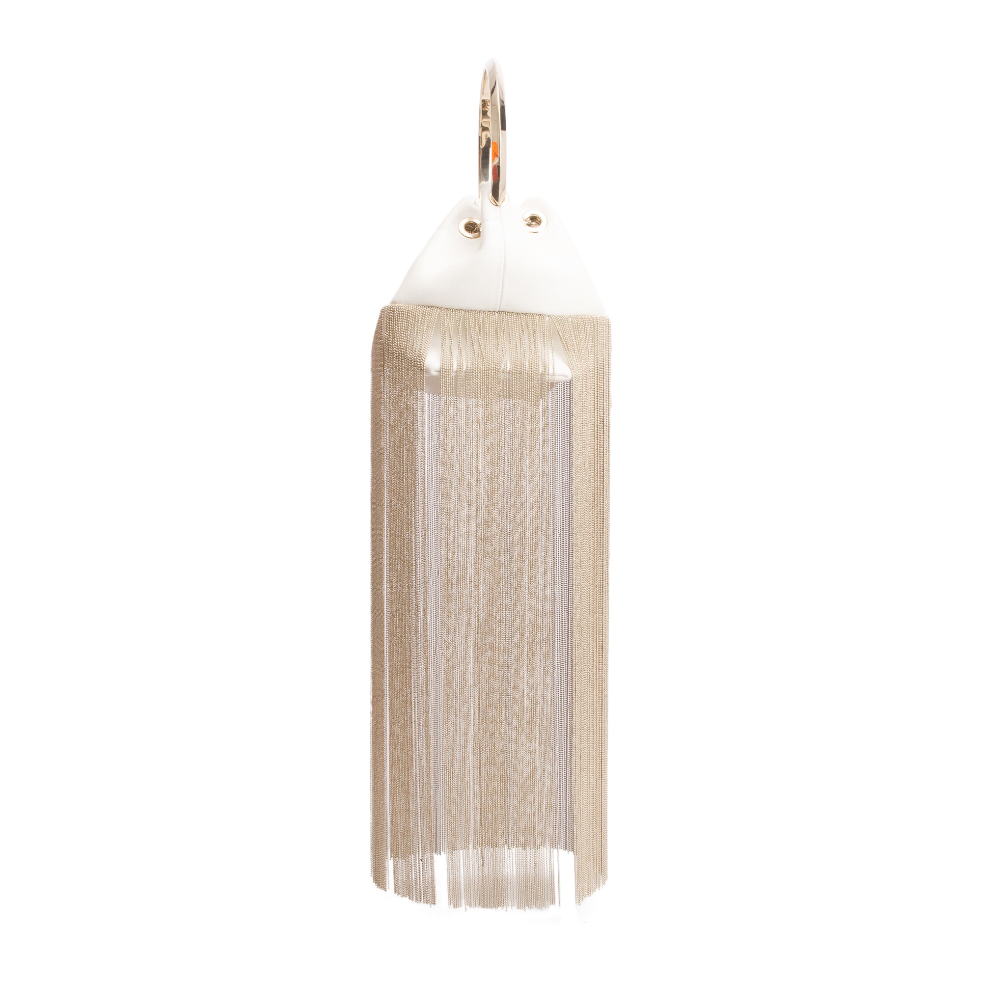 Jimmy Choo White Calfskin Leather Metal Fringe Bon Bon Bucket Handle Bag