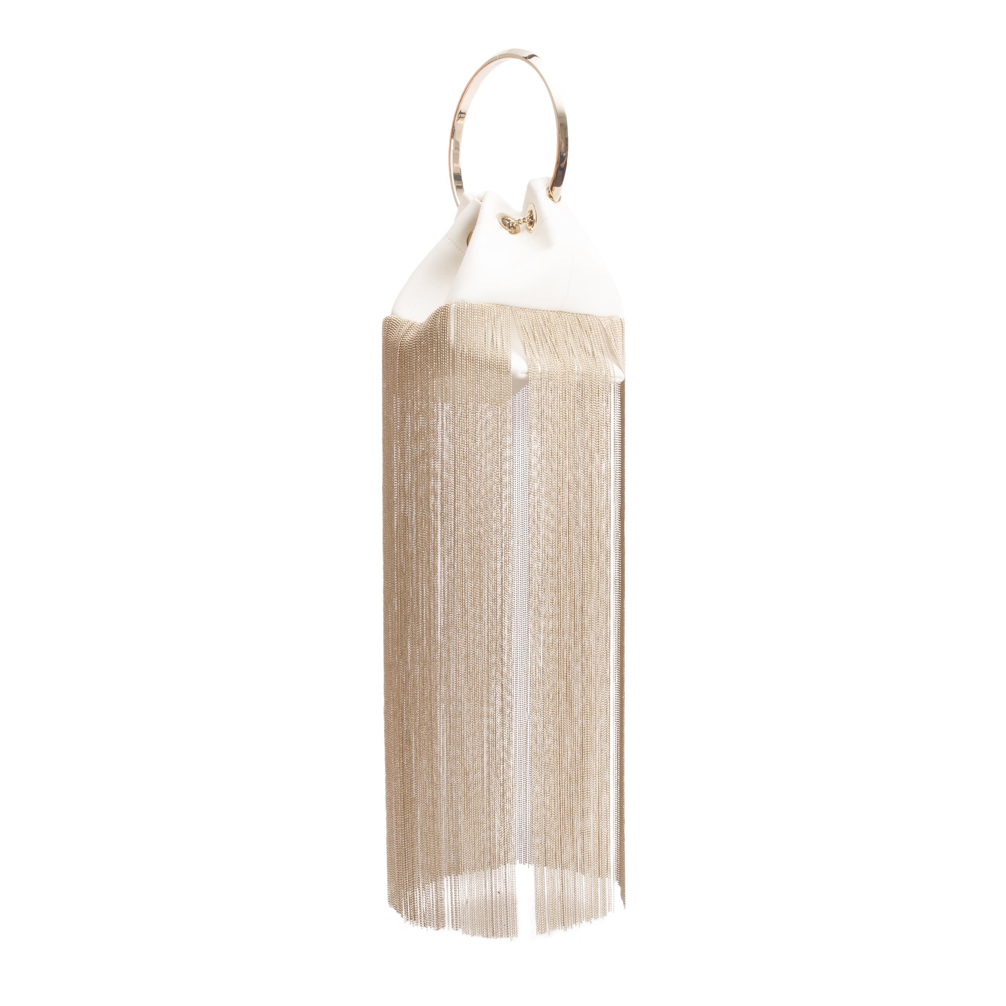 Jimmy Choo White Calfskin Leather Metal Fringe Bon Bon Bucket Handle Bag