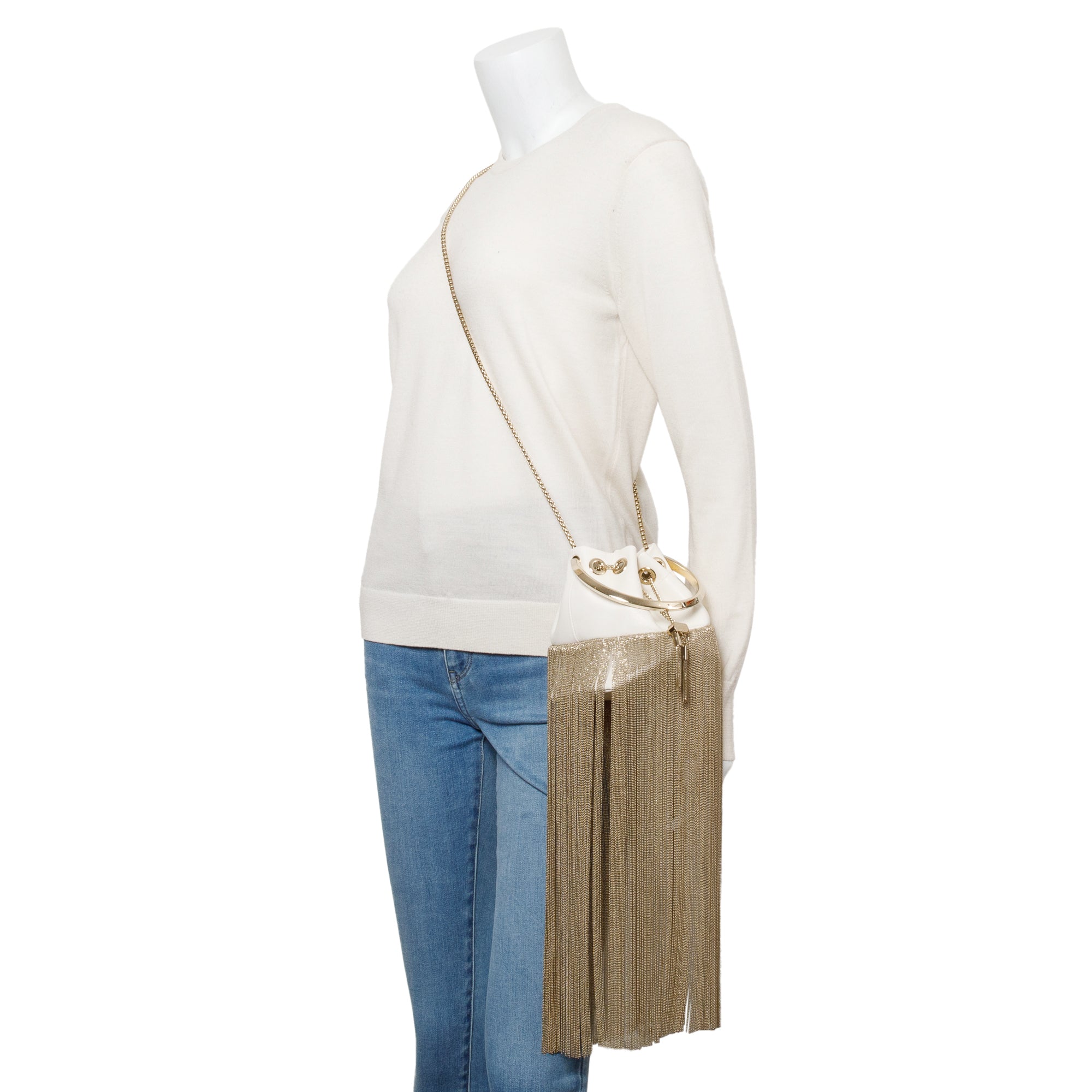 Jimmy Choo White Calfskin Leather Metal Fringe Bon Bon Bucket Handle Bag