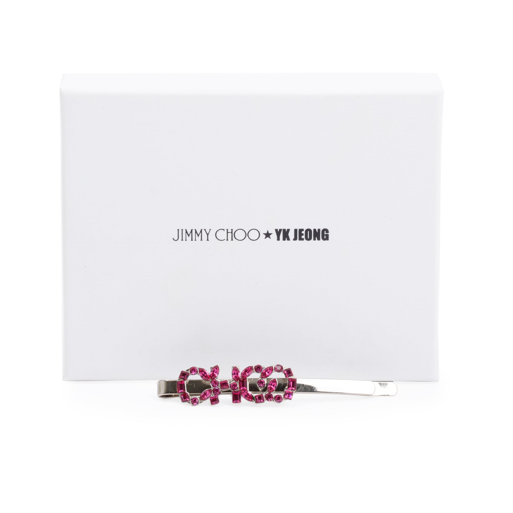 Jimmy Choo YK Silver Metal Pink Crystal Logo Hair Clip w/ Box