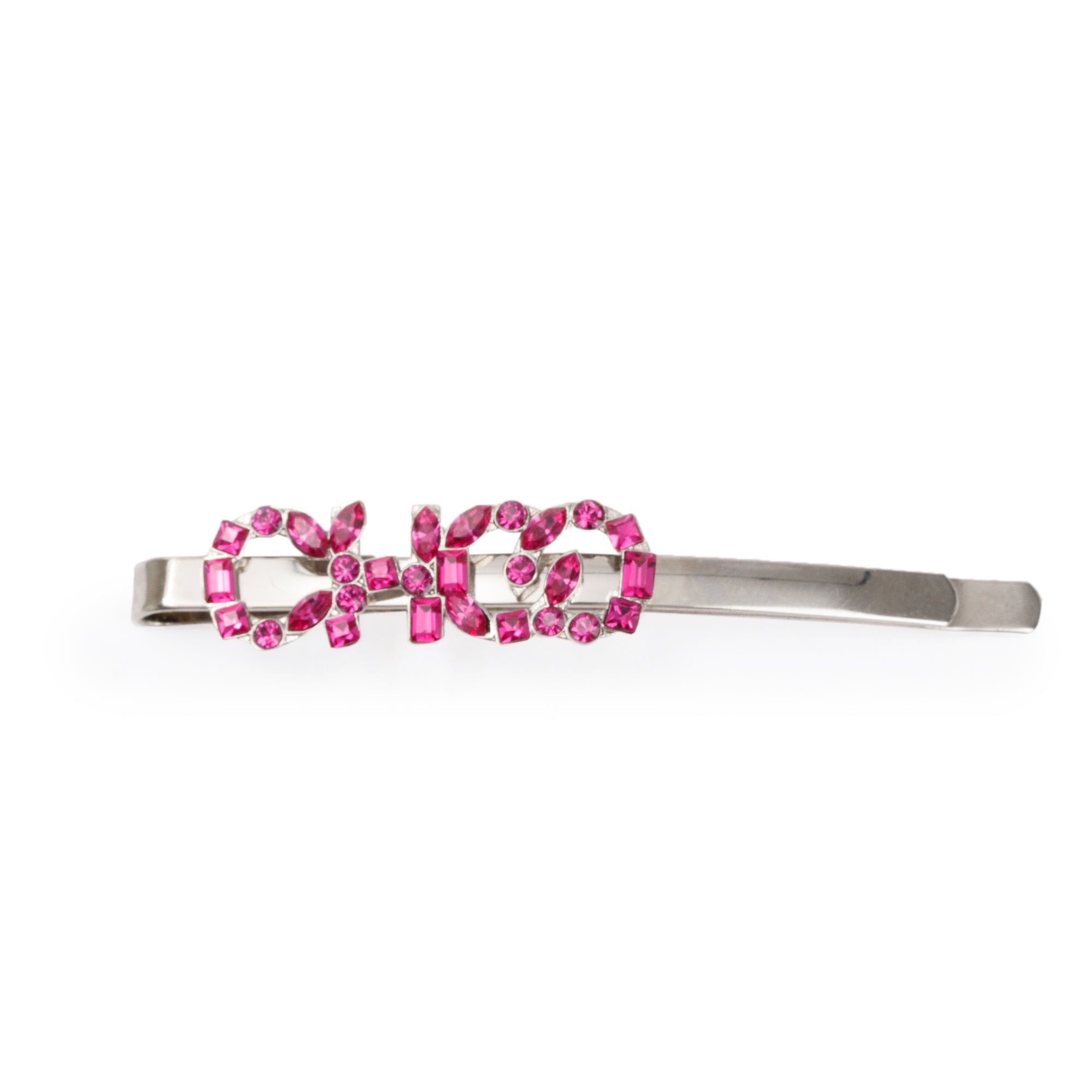 Jimmy Choo YK Silver Metal Pink Crystal Logo Hair Clip w/ Box