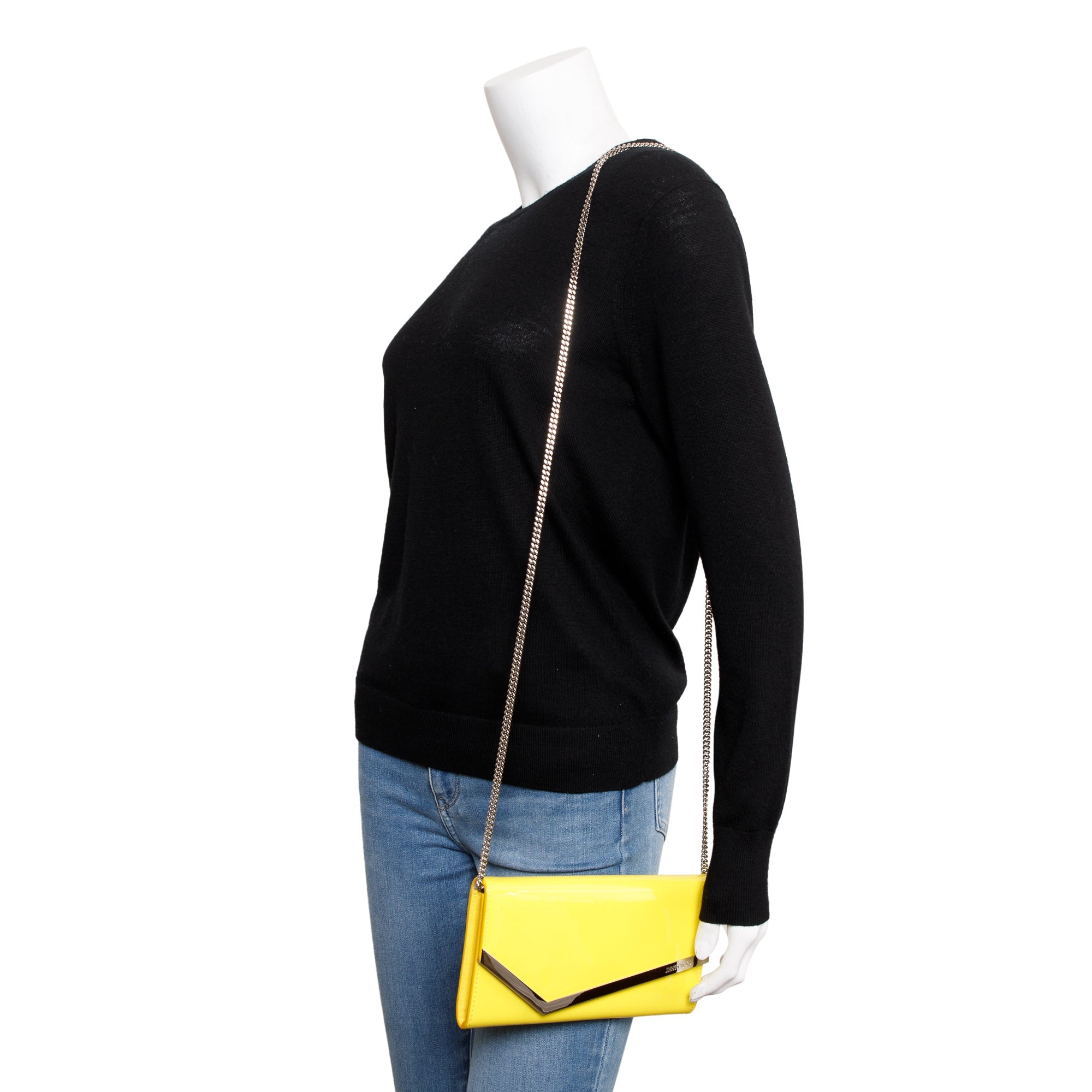 Jimmy Choo Yellow Patent Leather Emmie Chain Clutch w/ Box & Authenticity Card