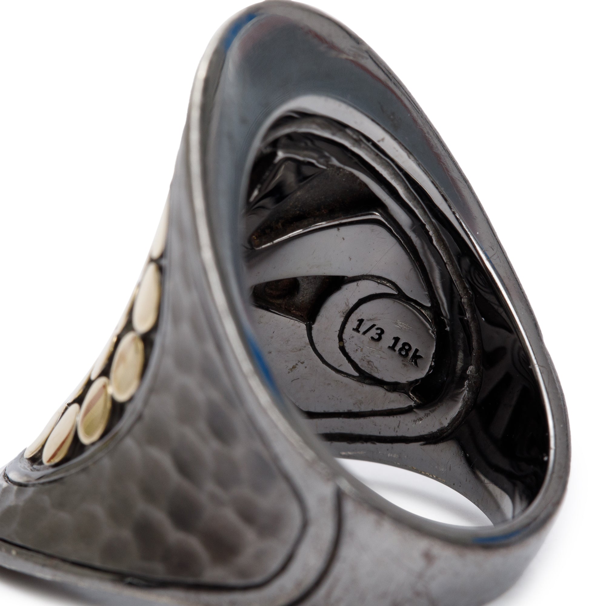 John Hardy Sterling Silver & 18k Yellow Gold Hammered Blackened Saddle Ring, Size 7.25