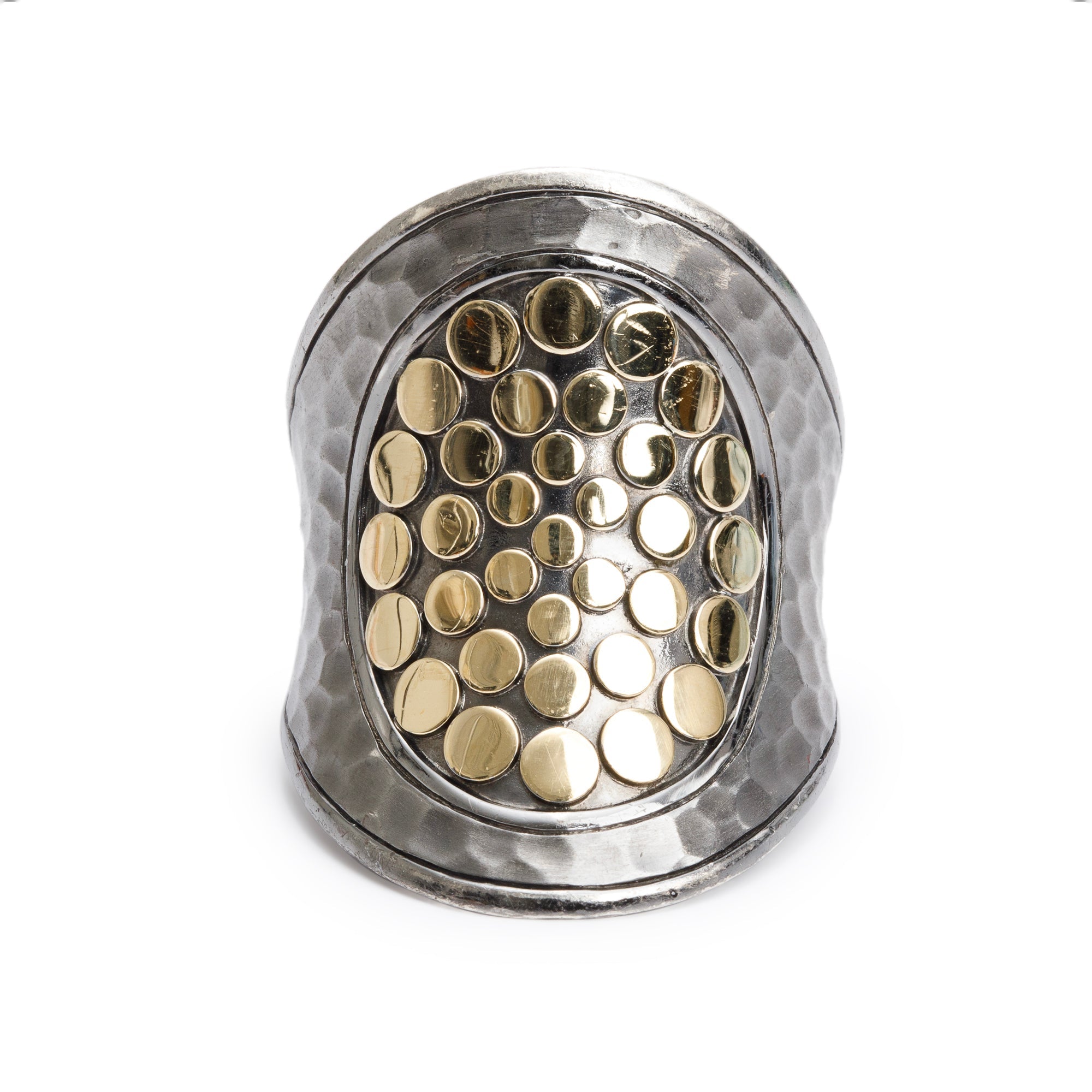 John Hardy Sterling Silver & 18k Yellow Gold Hammered Blackened Saddle Ring, Size 7.25