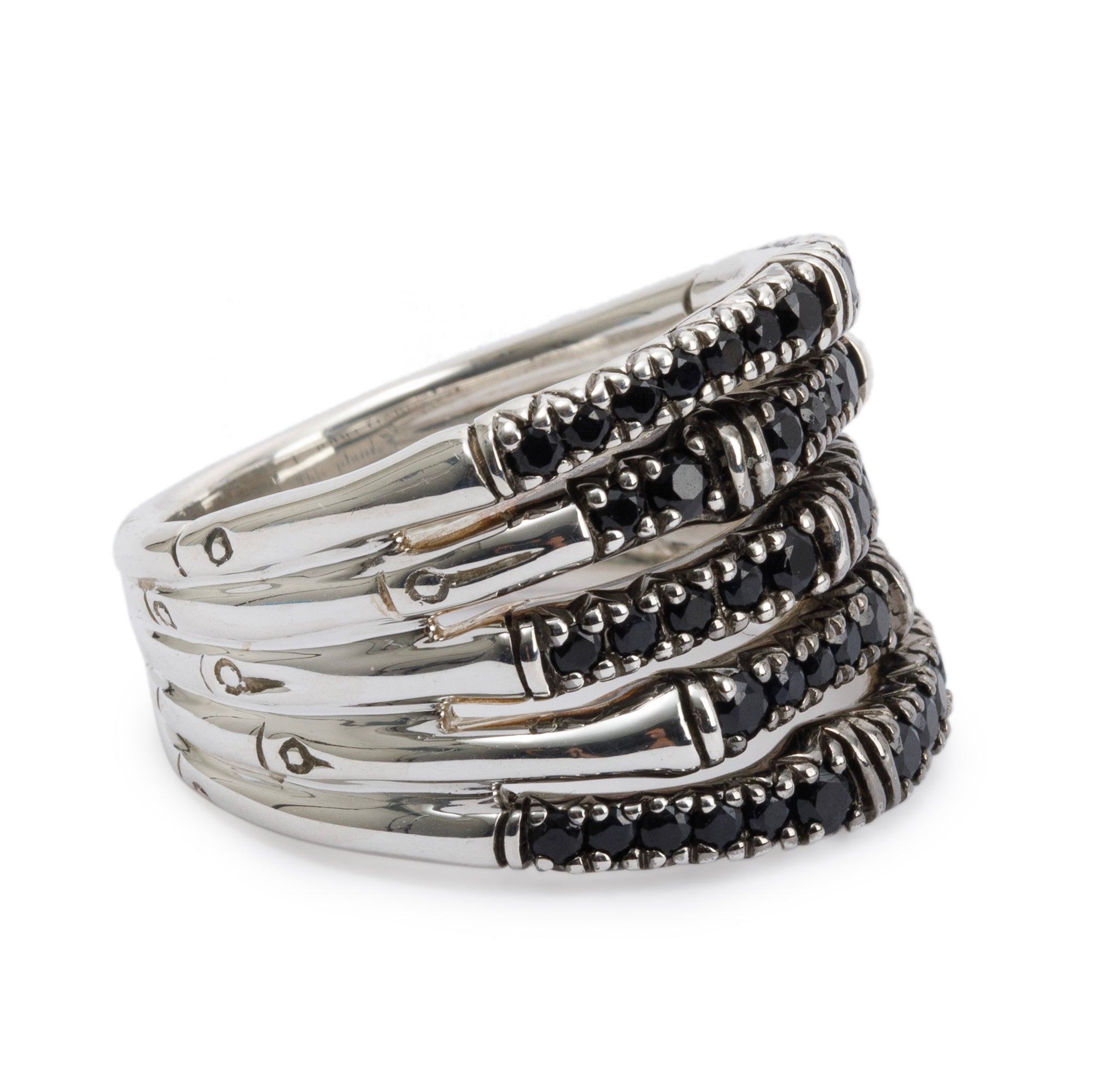 John Hardy Sterling Silver Black Sapphire Bamboo Lava Wide Ring