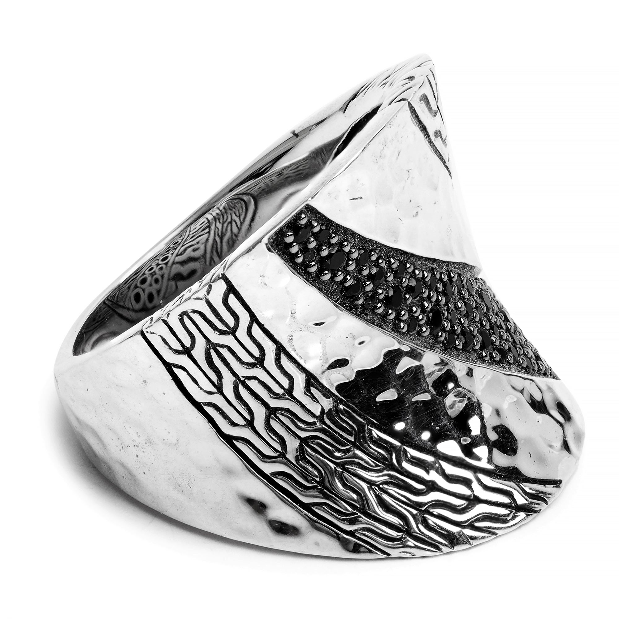 John Hardy Sterling Silver Black Spinel & Sapphire Hammered Saddle Ring, Size 8