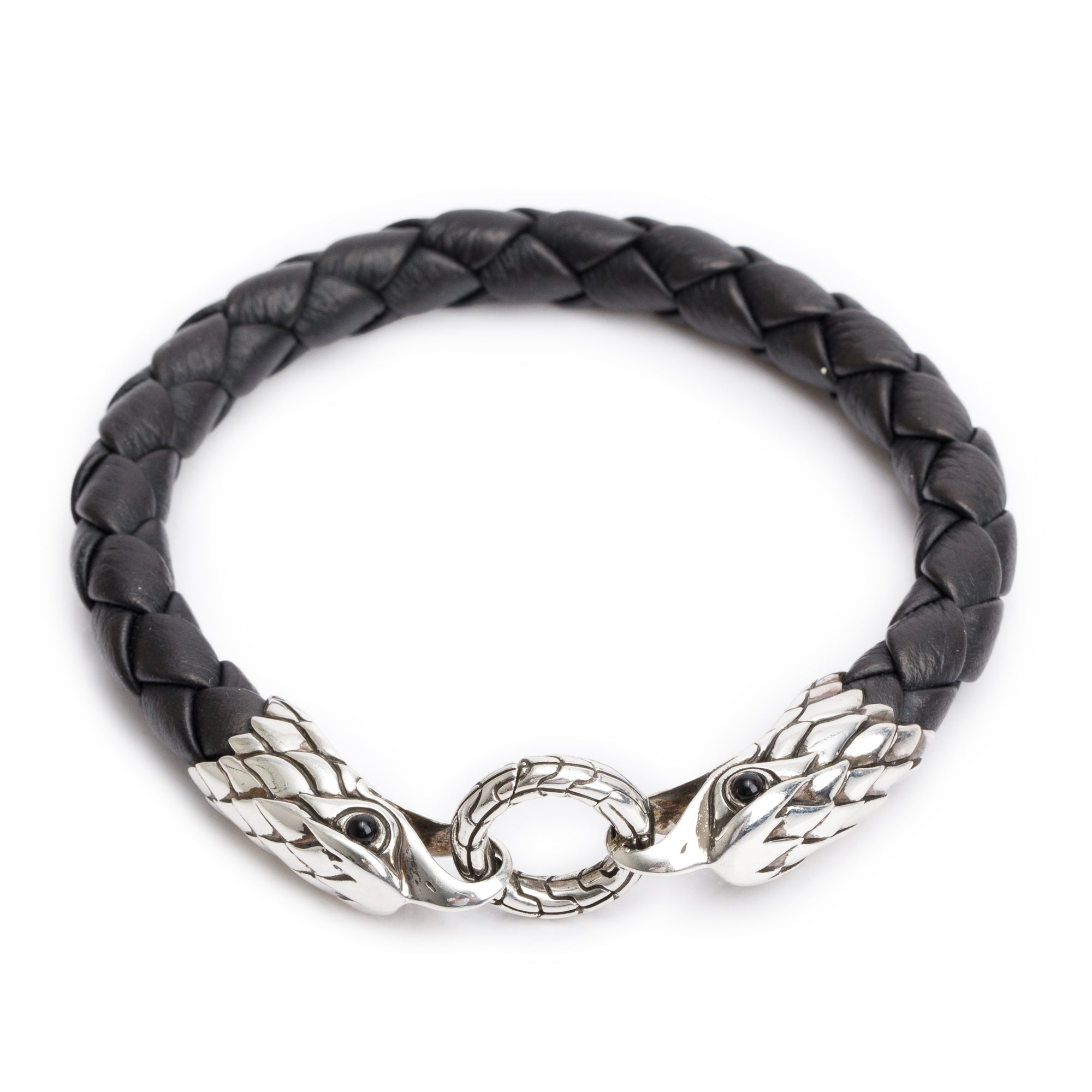 John Hardy Sterling Silver Legends Eagle Double Head Black Leather Bracelet with Black Onyx