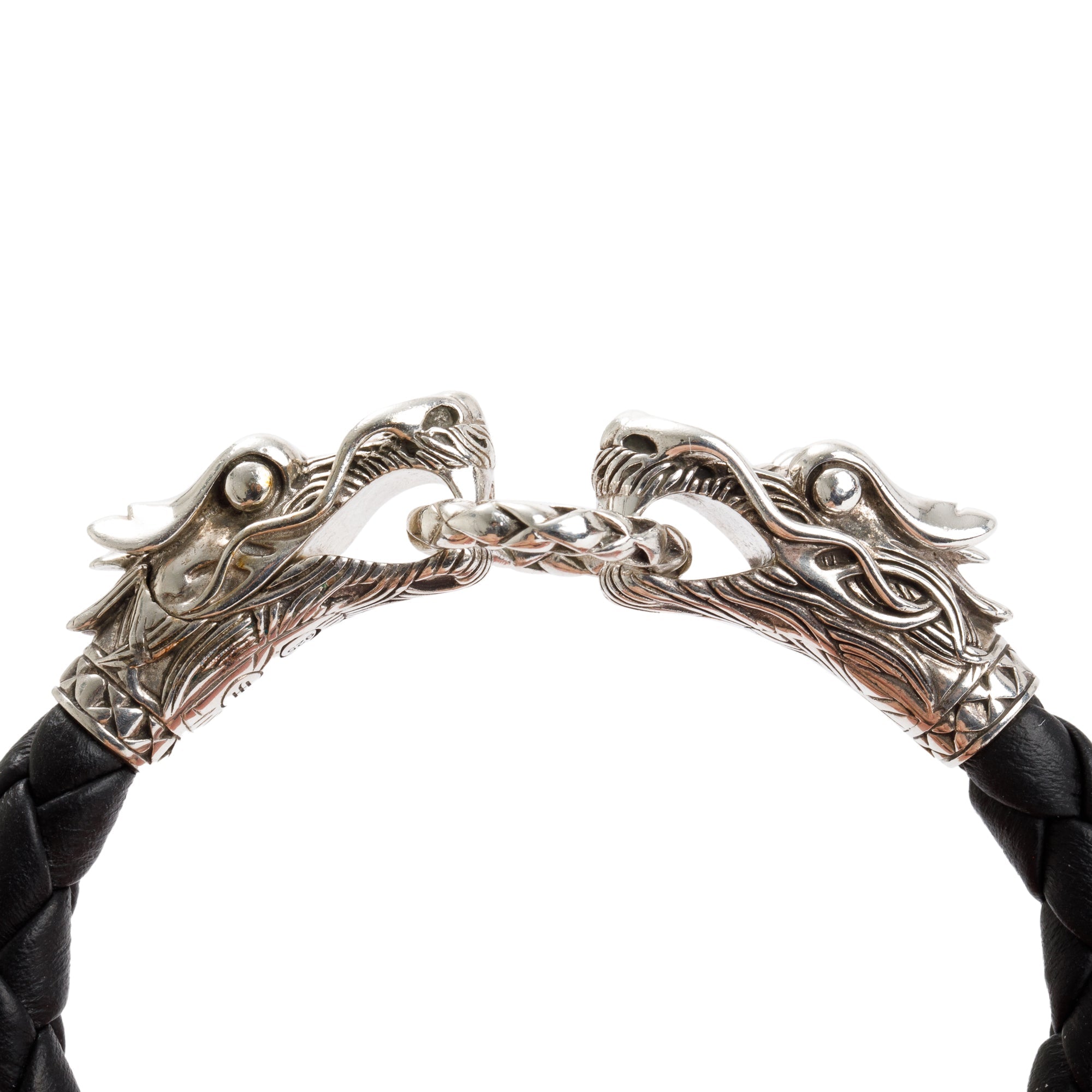John Hardy Sterling Silver Naga Double Dragon Head Leather Bracelet