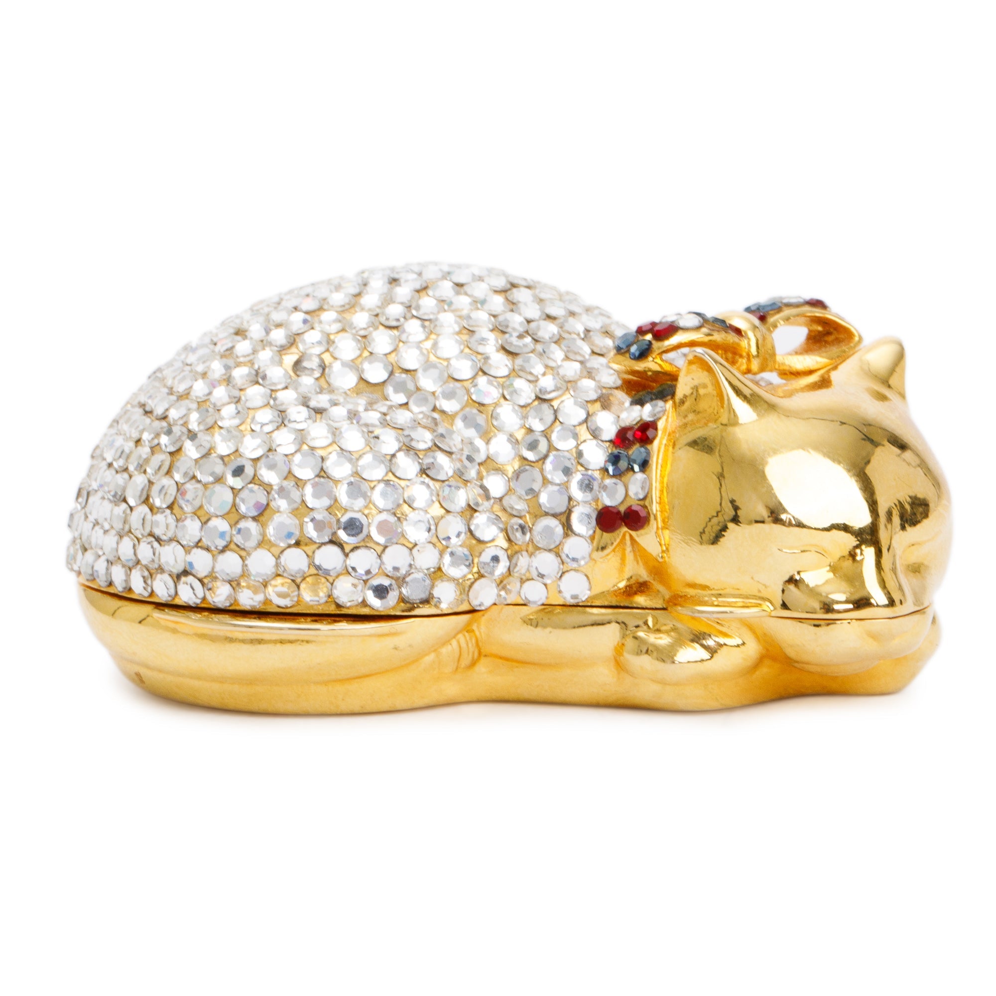 Judith Leiber Gold & Clear Crystal Sleeping Cat Pill Box