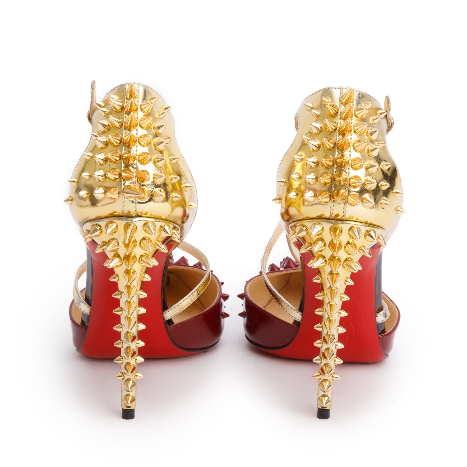 Christian Louboutin Red Gold Patent Leather Specchio Goldocross Spikes 100 Pumps, Size 37.5