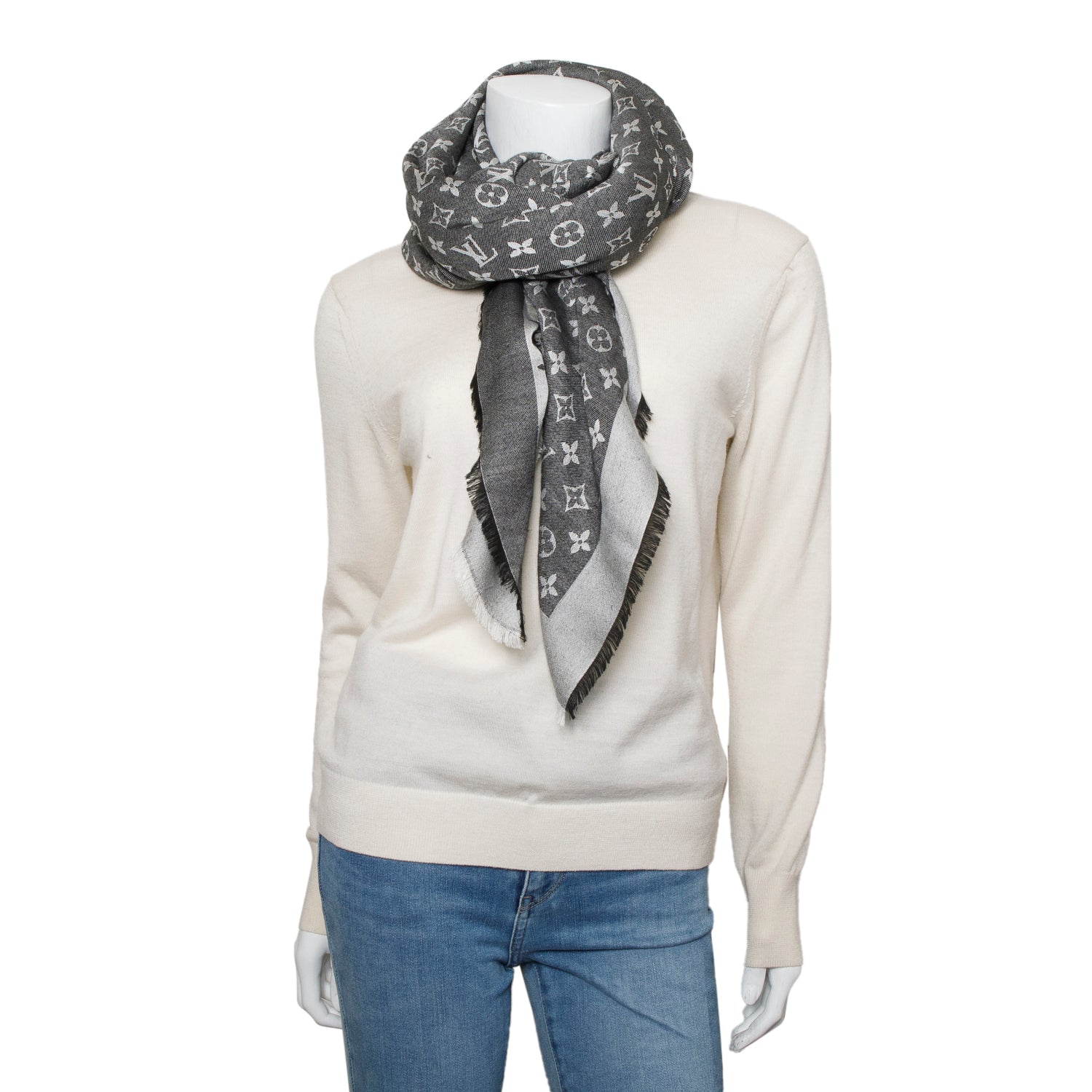 Louis Vuitton Grey Monogram Silk/Wool My Daily Denim Shawl Scarf w/ Box