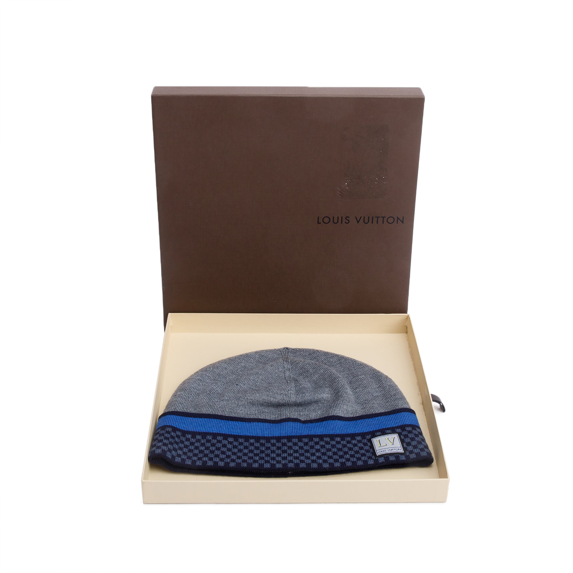Louis Vuitton Grey/Navy Micro Damier Ebene Wool Beanie w/ Box