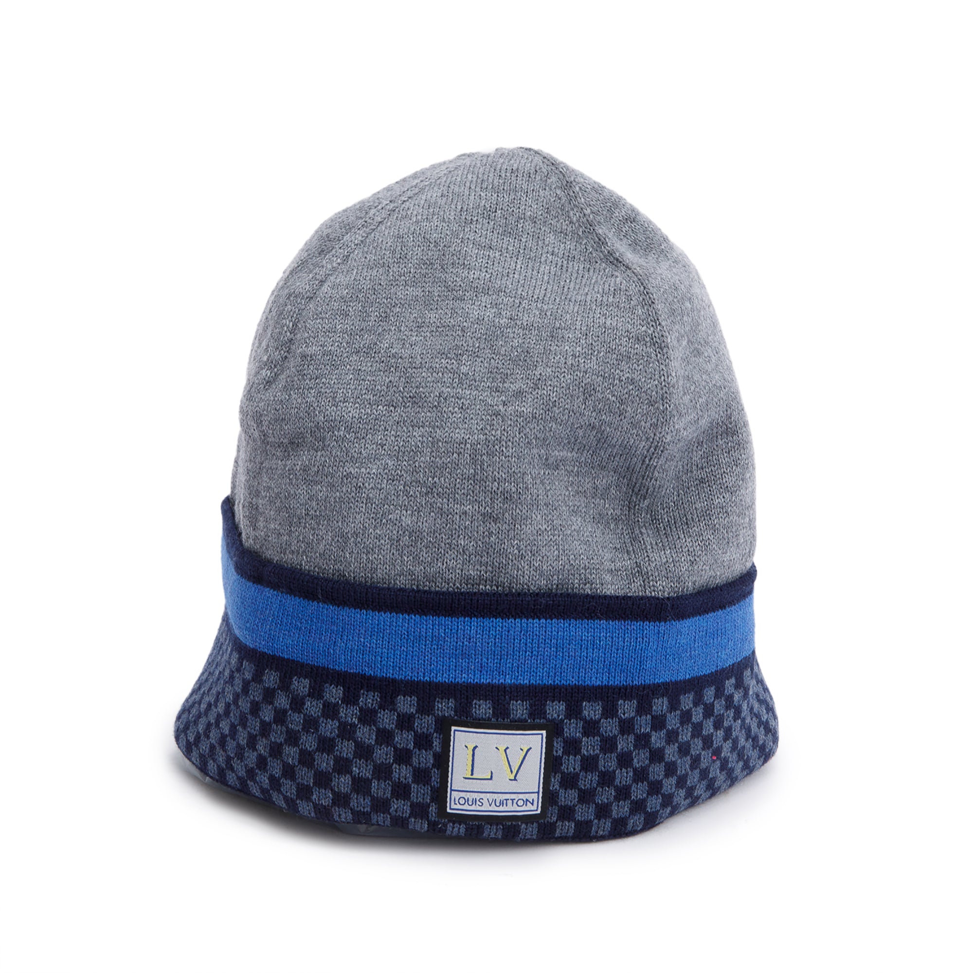 Louis Vuitton Grey/Navy Micro Damier Ebene Wool Beanie w/ Box