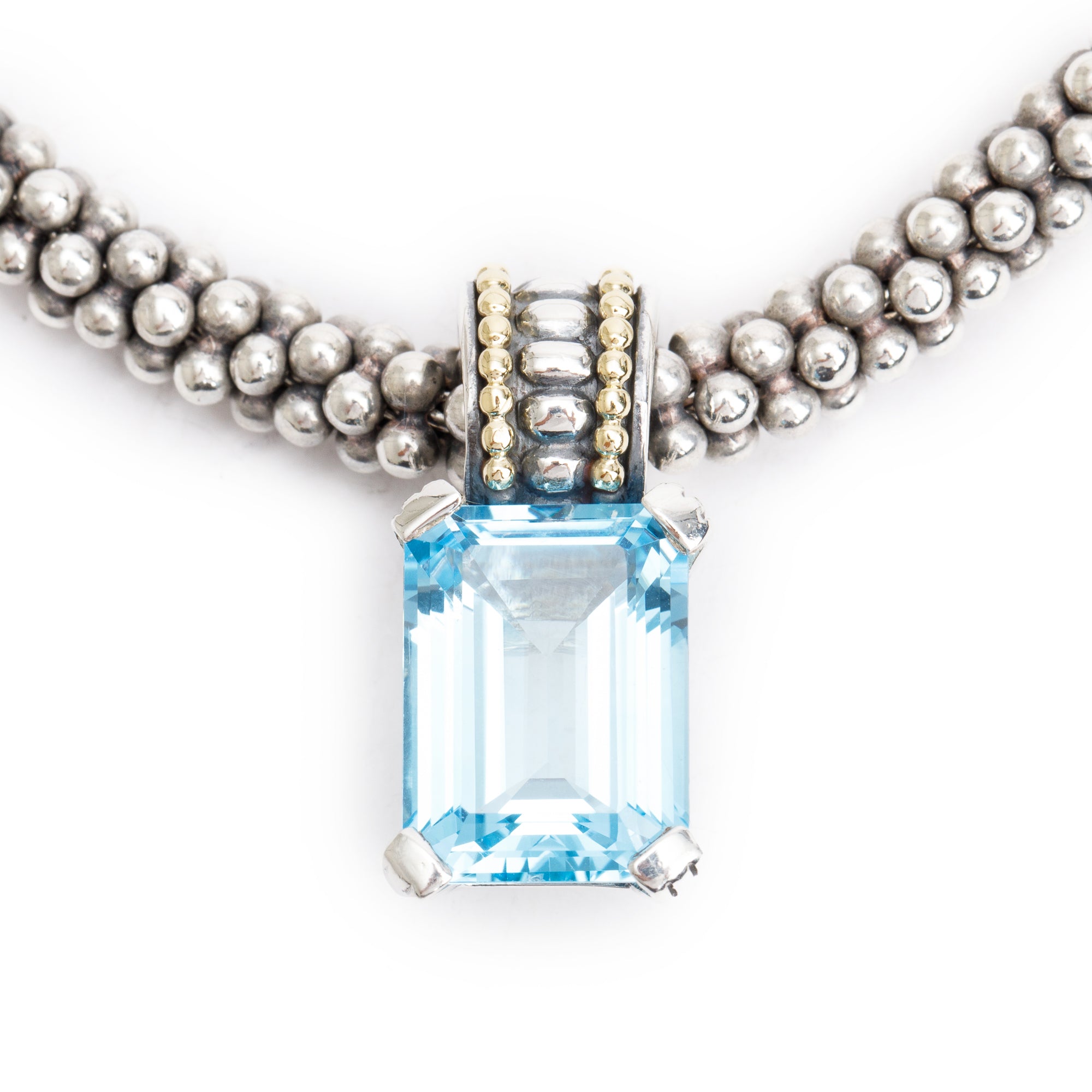 Lagos Sterling Silver & 18k Yellow Gold Blue Topaz Pendant on Caviar Necklace